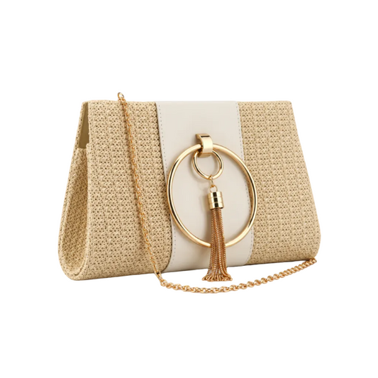 Light Yellow Woven Clutch Tassel Bag