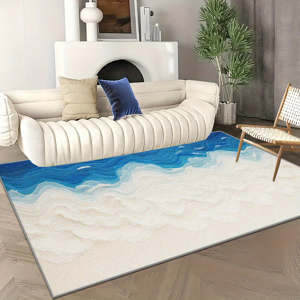 This Is a Large Floor Mat Designed with a Beautiful Seawater Beach Pattern, Featuring a Easy Style And Exquisite Hemming. It Is Made of Faux Cashmere with a Weight of 1200G Per Square Meter And a Thickness of 8.6Mm. The Rug I