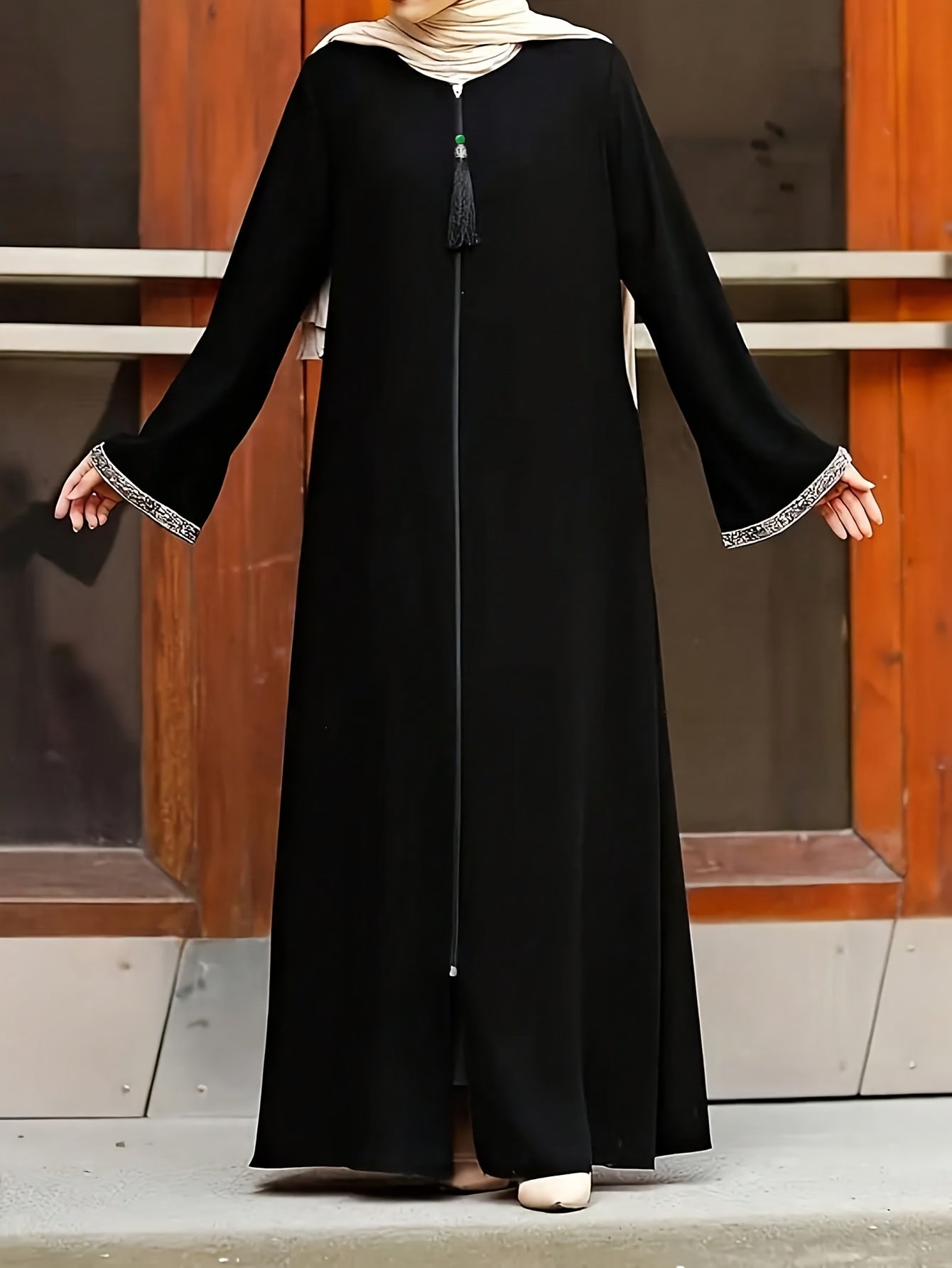 Women's Traditional Moroccan-Style Long Baju Abaya with Zipper Closure - Solid Color, Loose Fit, Round Neck, Polyester, Casual Wear, Casual Wear|Traditional Robe|Polyester Dress