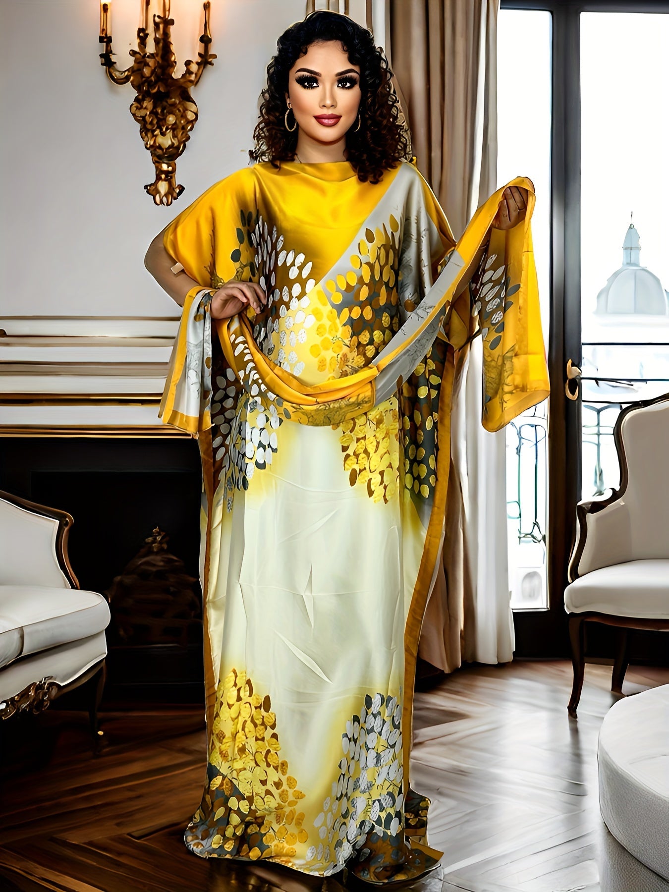 Elegant Plus Size Middle Eastern Kaftan Abaya with Scarf - Vibrant Geometric Floral Design, Soft Non-Stretch Fabric, Perfect for All Seasons, Available in Two Sizes (110g/㎡)