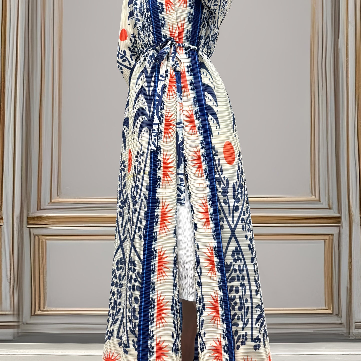 Plus-Size Middle Eastern Floral Print Robe - Blue & Red A-Line Long Lightweight Abaya with Belt, High-Stretch Machine-Washable Fabric for Spring/Fall Outdoor Wear, Fall Wardrobe, Loose Fit