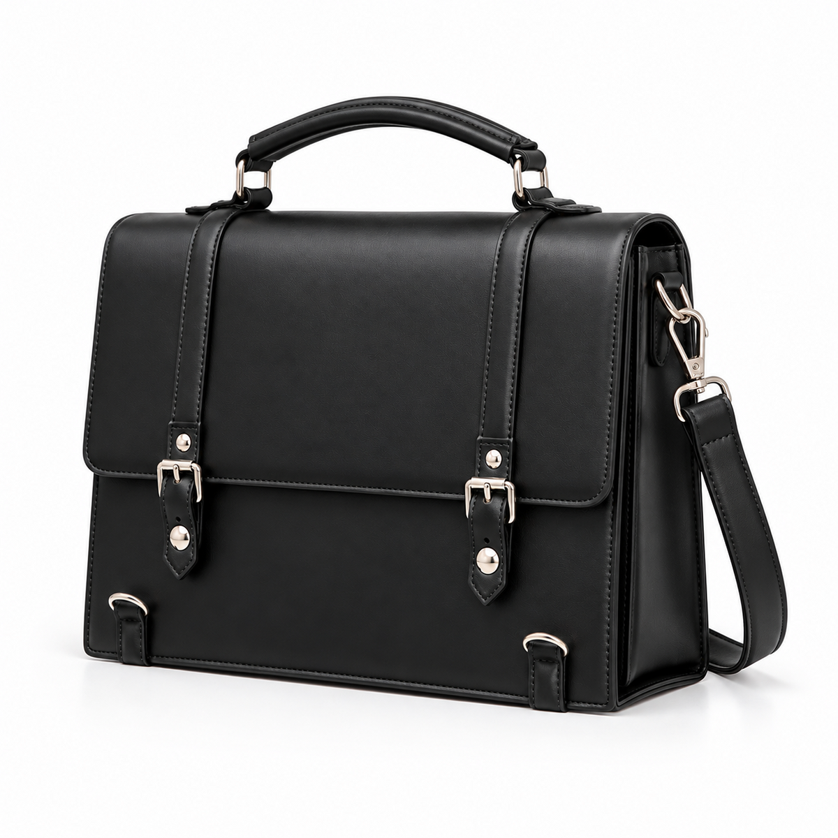 Black Structured Buckle Shoulder Satchel Bag