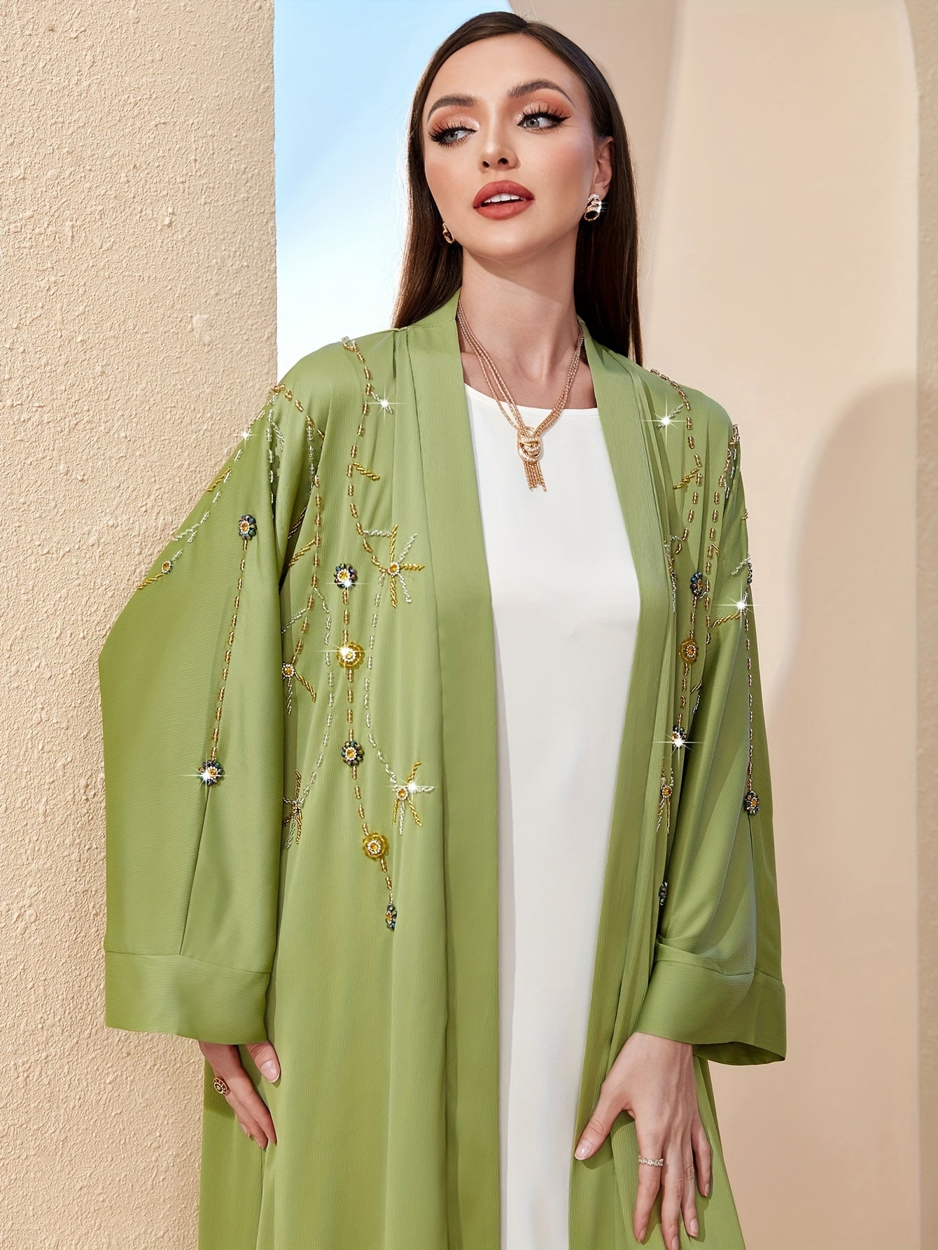 Rhinestone Long Sleeve Modest Dress, Elegant Open Front Abaya Loose Ankle Dress For Spring & Fall, Women's Clothing