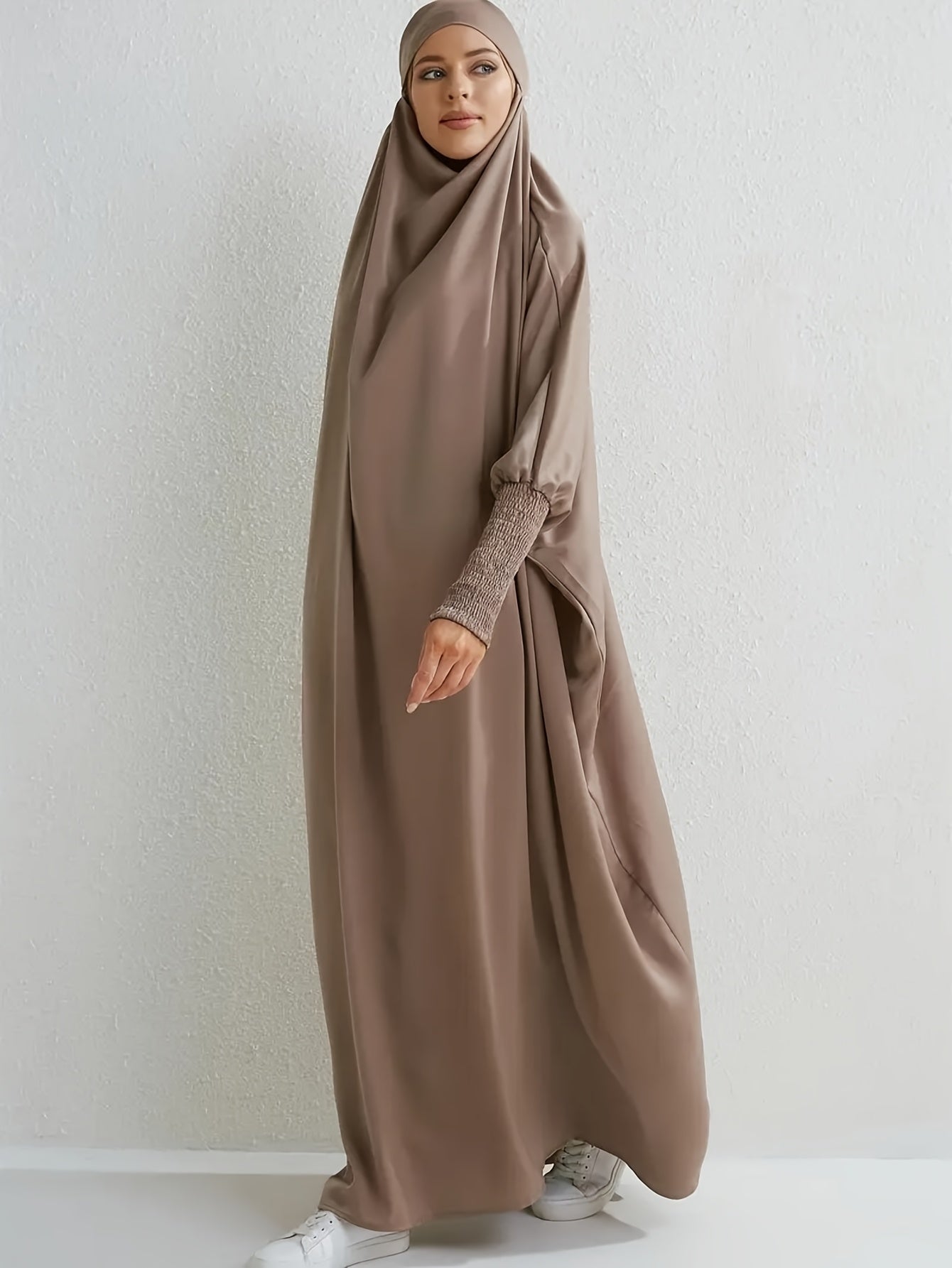 Elegant Light Pink Modesty Dress with Hijab - Women's Long Sleeve Jibab Abaya, Maxi Prayer Dress, Polyester, Non-Stretch Fabric, Machine Washable