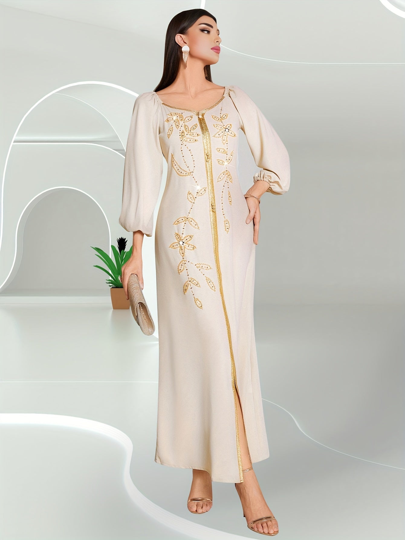 Elegant Long Sleeve Polyester Dress with Lantern Sleeves, Solid Color, Tie Back, and Belted Waist Palestinian Abaya