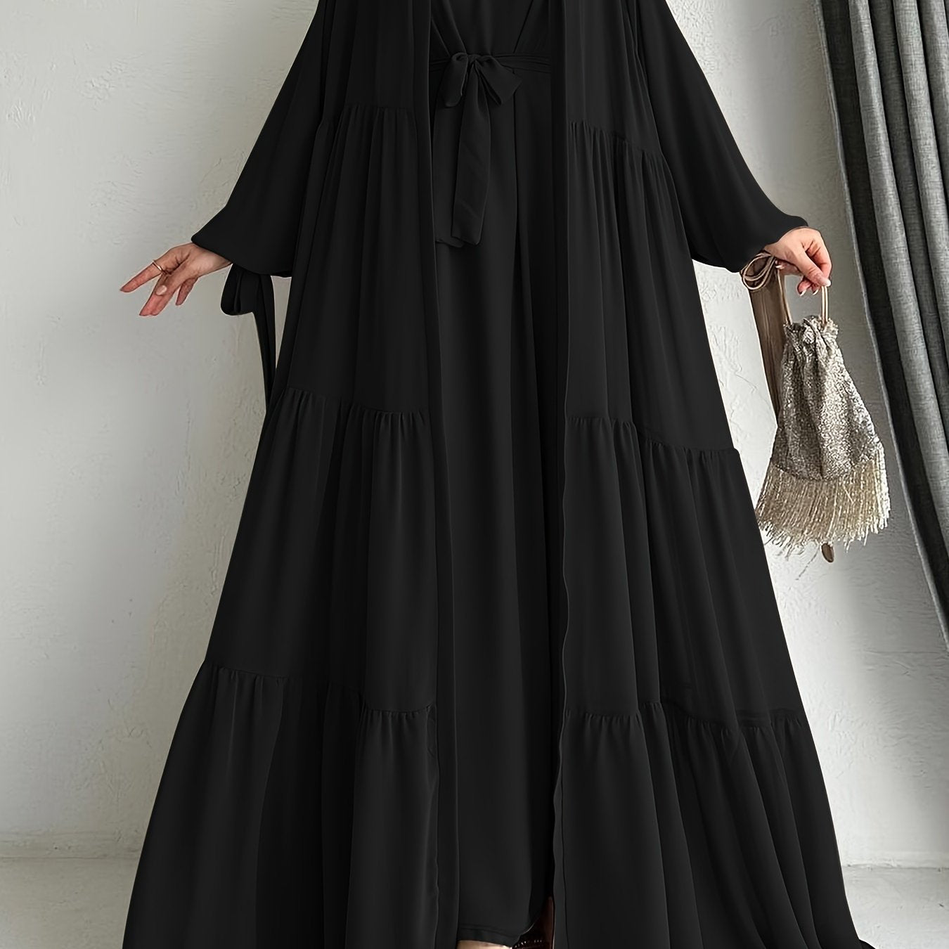 Women's Middle Eastern Palestinian Abaya Dress with Cape Cover - Sleeve Brown Solid Color Modest Traditional Dress, Adjustable Waist Tie Belt, Machine Washable All-Season Wear, Versatile Layering Piece