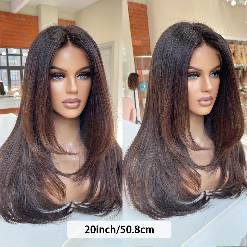 A 20-Inch, 13X4 Upgraded Nude Lace Wig Featuring a Brown Ombré Effect with Layered, Feathered Styles. This Limited Edition Remy Wig Offers a Balayage Look, Perfect for an Effortless Morning Routine And Achieving Bedhead Perf