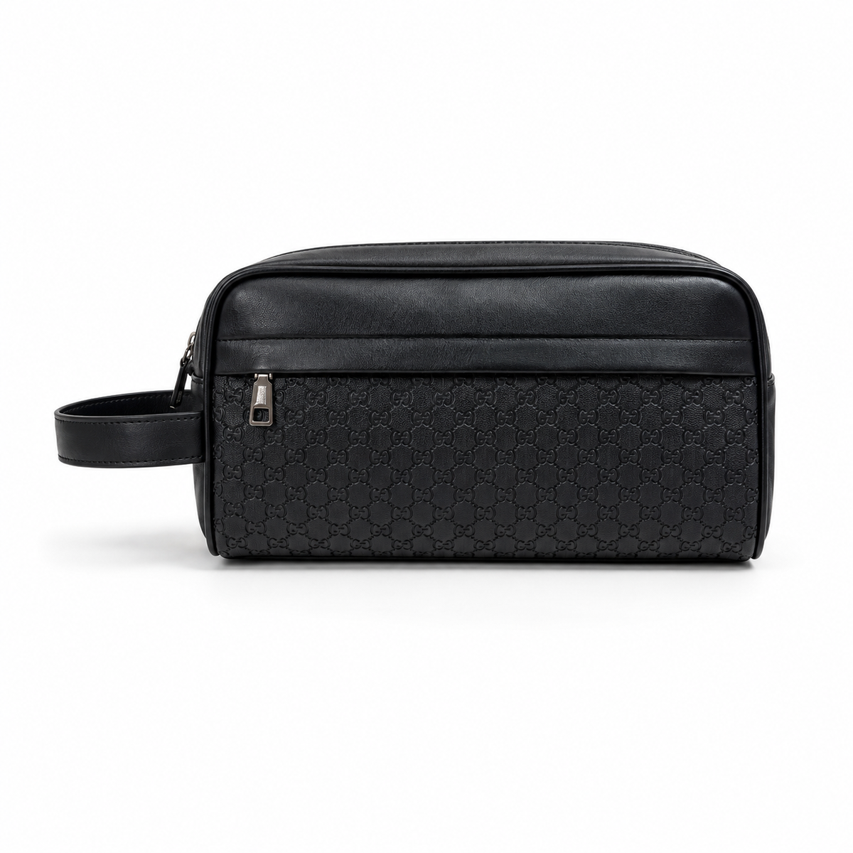 Black Woven Leather Toiletry Bag with Wrist Strap