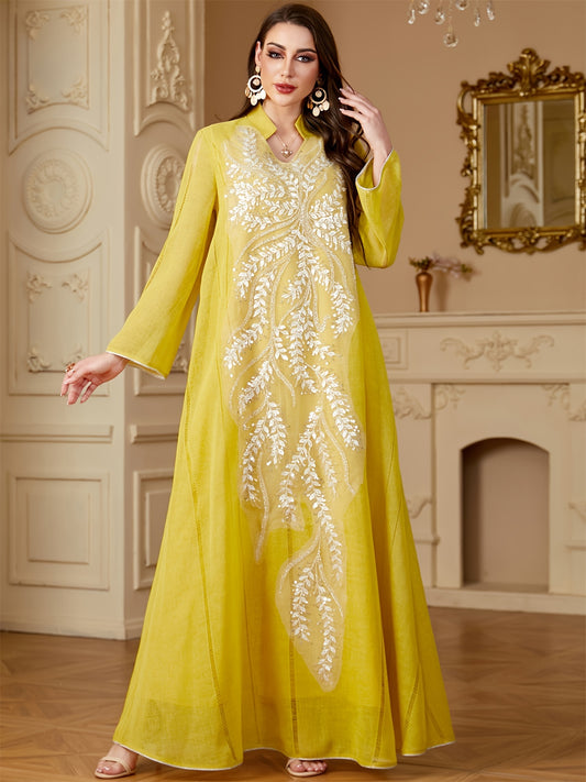Ramadan Muslim Women's Fashion Beading Emirati Abaya Dubai Notched Stand Collar Dresses Mesh Sleeve Kebaya Casual Loose Clothing