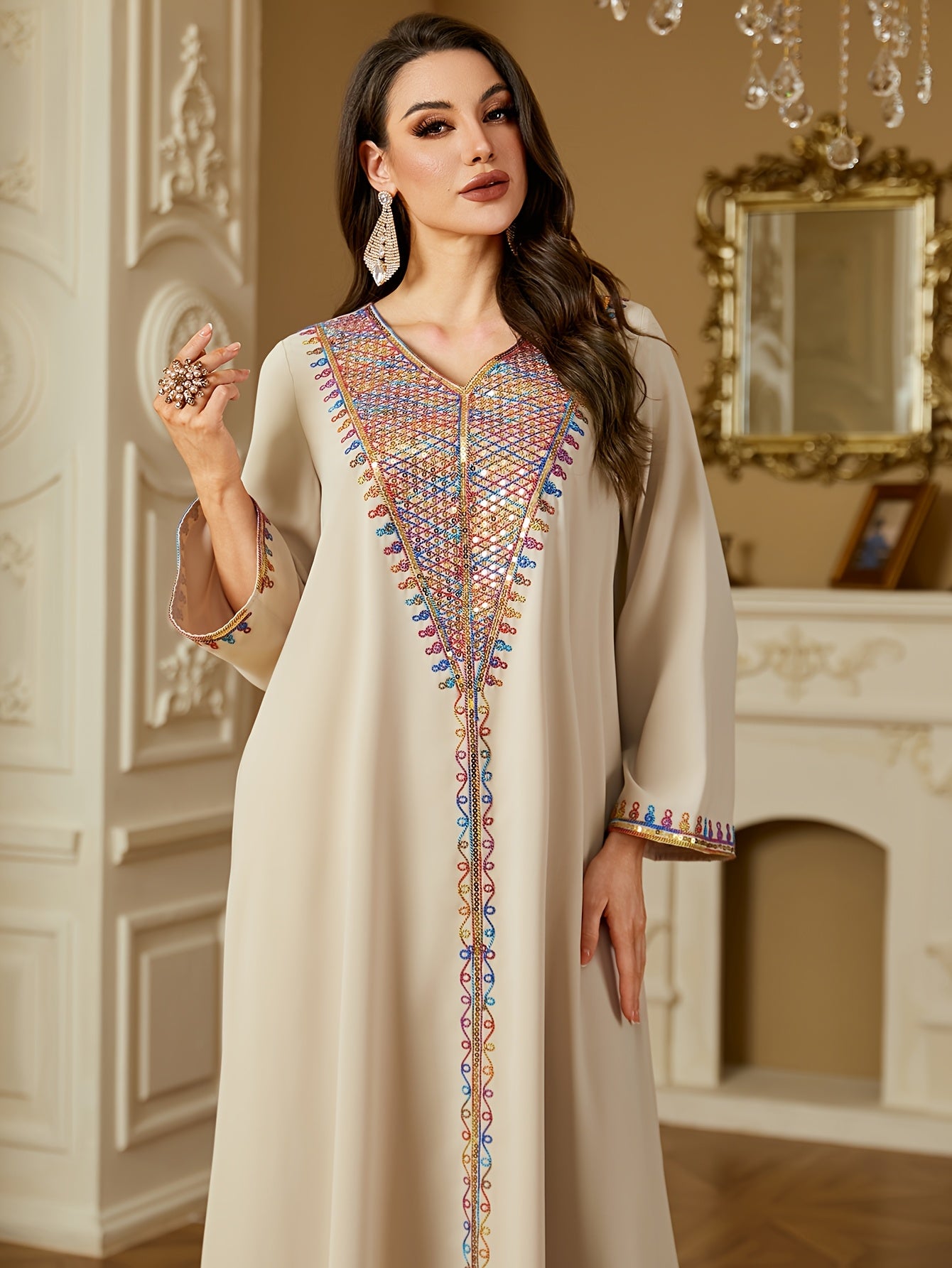 Elegant V-Neck Long Sleeve Kaftan Abaya with Sequin Detail - Polyester, Non-Stretch, Regular Fit for All Seasons
