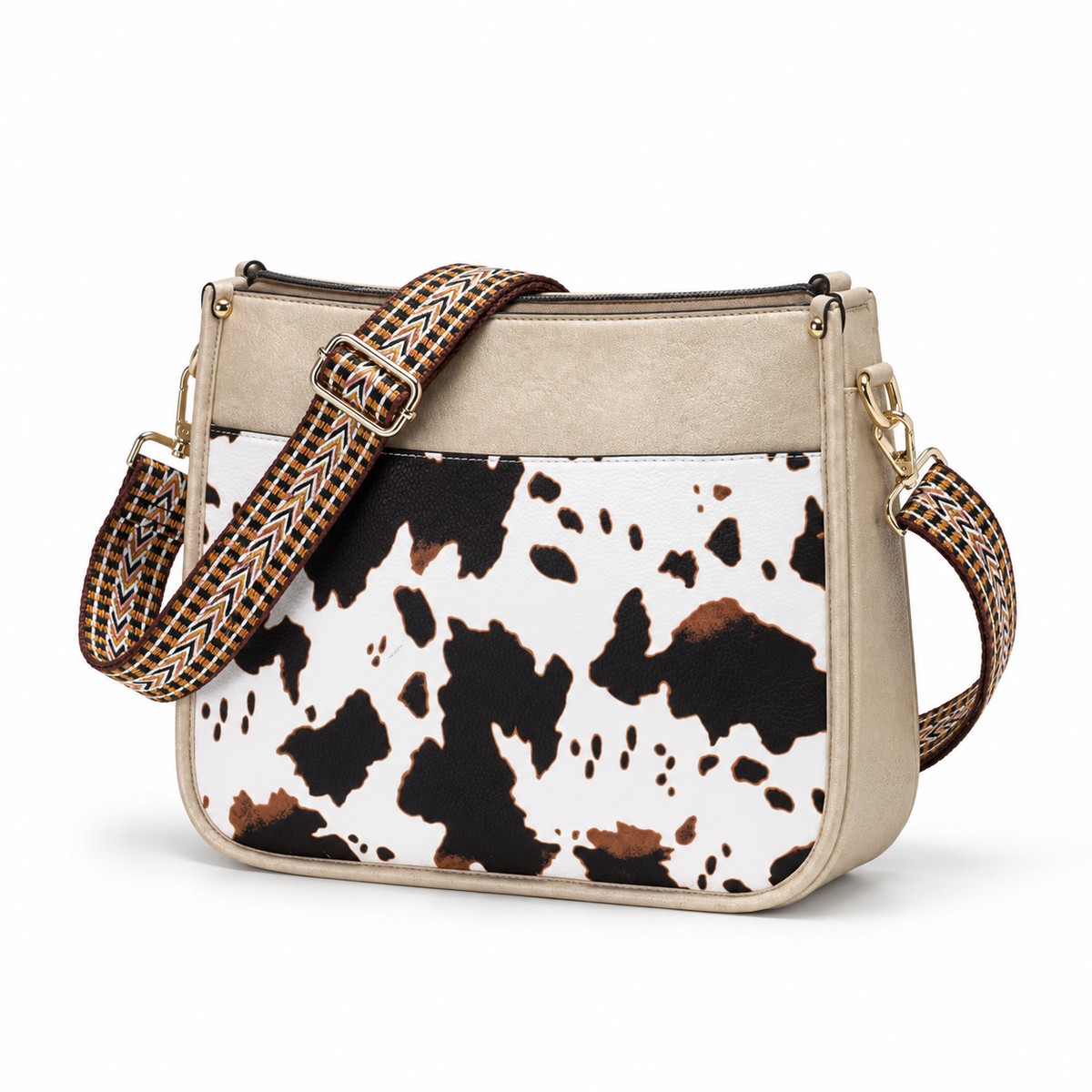 Cow Print Crossbody Bag With Woven-Strap