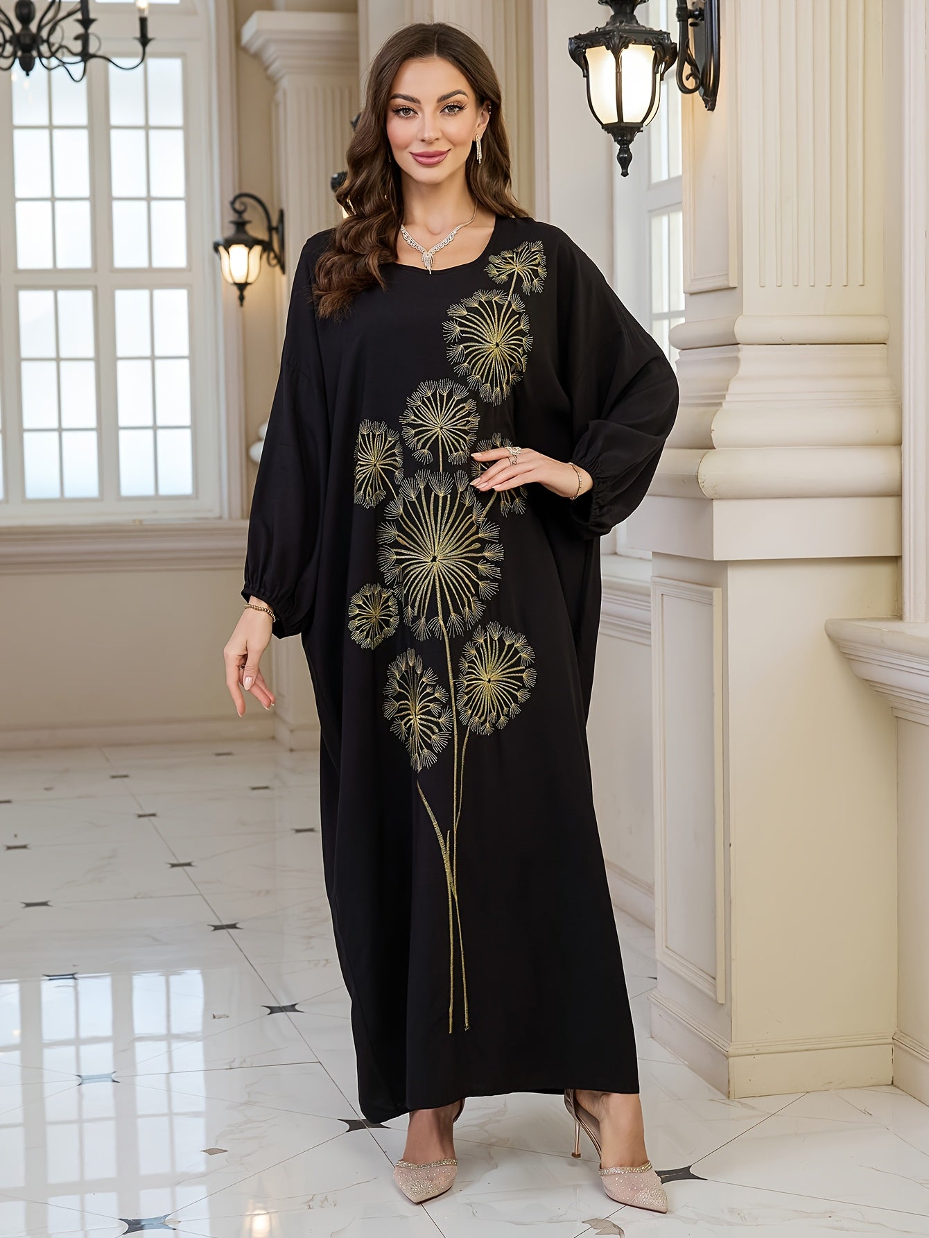 Plus Size, Women's Elegant Dandelion Embroidered Beach Cover-Up Robe Dress - Long Sleeve Loose Fit, Plus Size Black with Golden Floral Print, Lantern Sleeves & Long Length for Vacation, Poolside, Casual Outings, Beach Dress