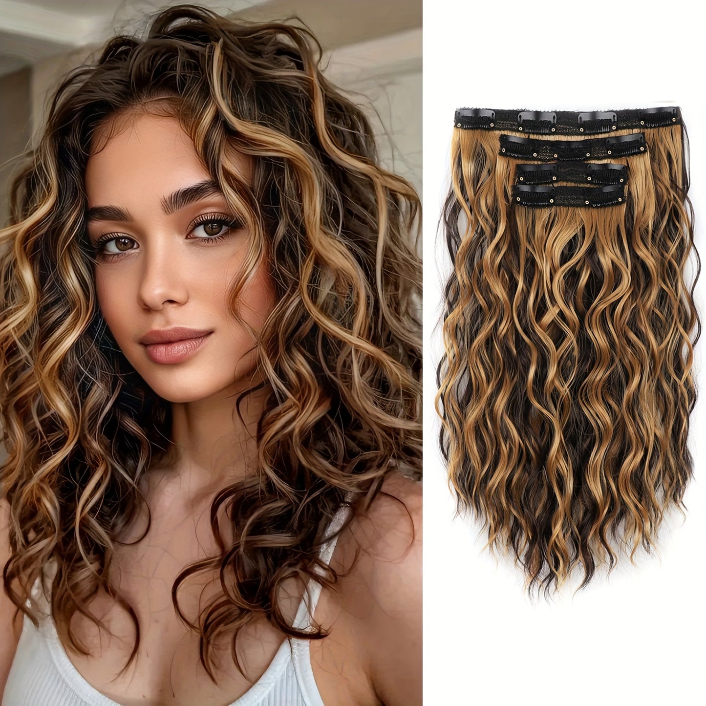 Curly Hair Extensions, 12-Inch Clip-Ins for a Short, Soft, And Look. Lace Weft Curly Wavy Clip-In Extensions That Are Discreet for Women, Featuring a Chocolate Brown Base with Honey Blonde Highlights