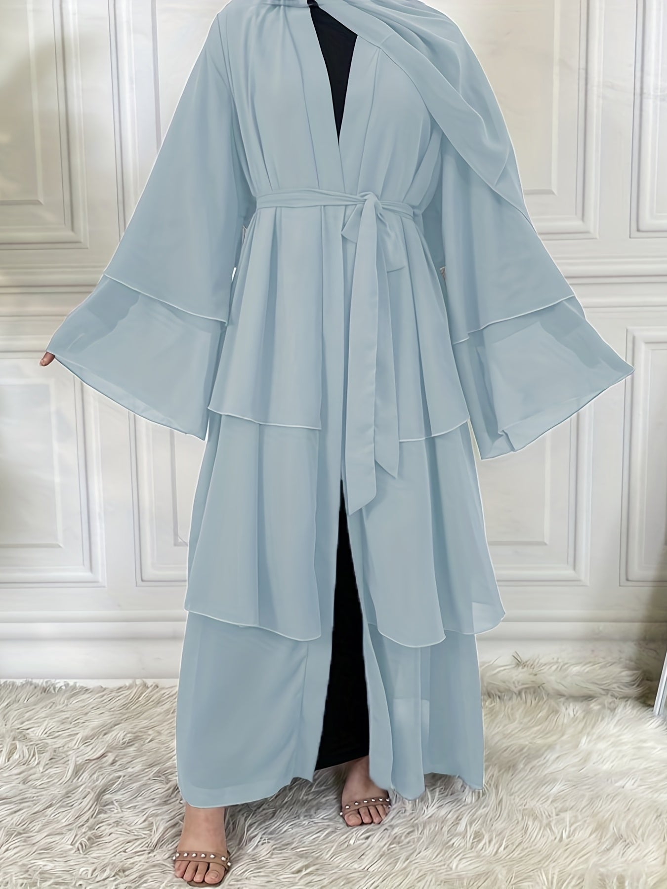 Ramadan Layered Open Front Modest Pakistani Abaya, Long Sleeve Muslim Dress With Belted, Without Hijab, Women's Clothing
