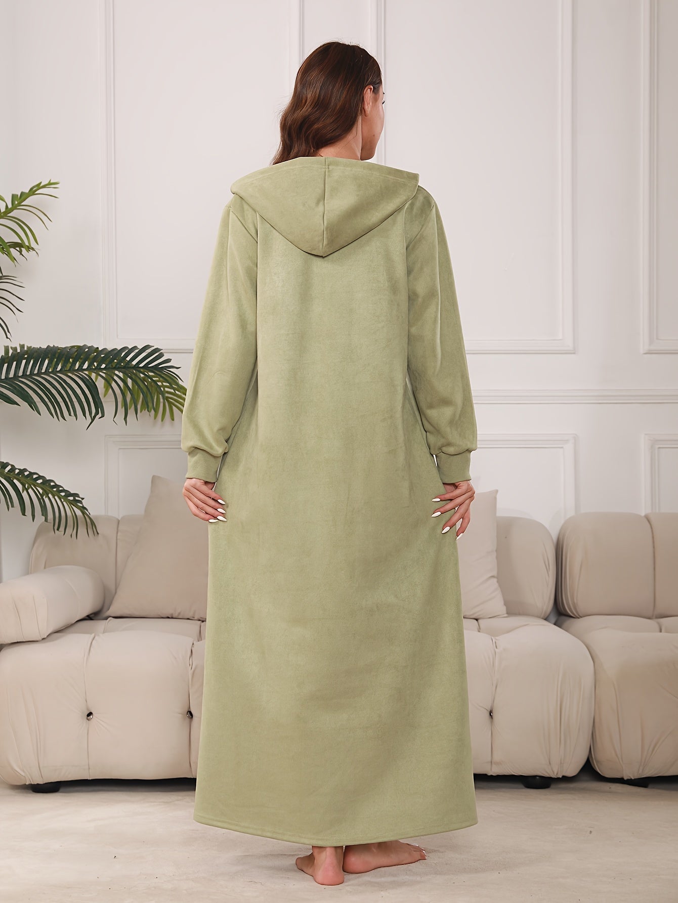 Women's Casual Long Sleeve Hooded Abaya with Zipper Collar and Pockets - Arabic Alphabet Print, Non-Stretch Fabric, Loose Fit for All Seasons, Casual Wear|Hooded Dress|Pocketed Dress