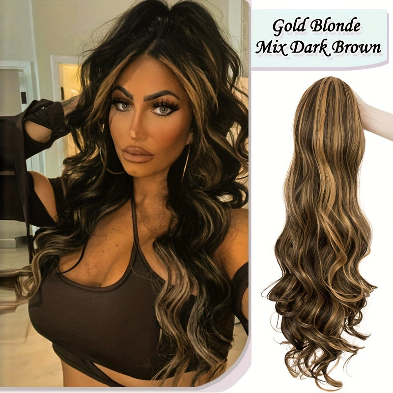 Long Curly Wavy Hair Piece Synthetic Pony Tail Extensions For Women Highlight Balayage