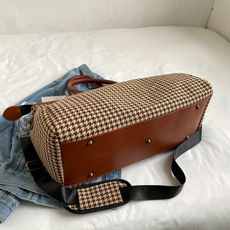 Large Capacity Houndstooth Pattern Sports Bag, Versatile Travel Duffel Luggage Handbag, Trendy Overnight Bag