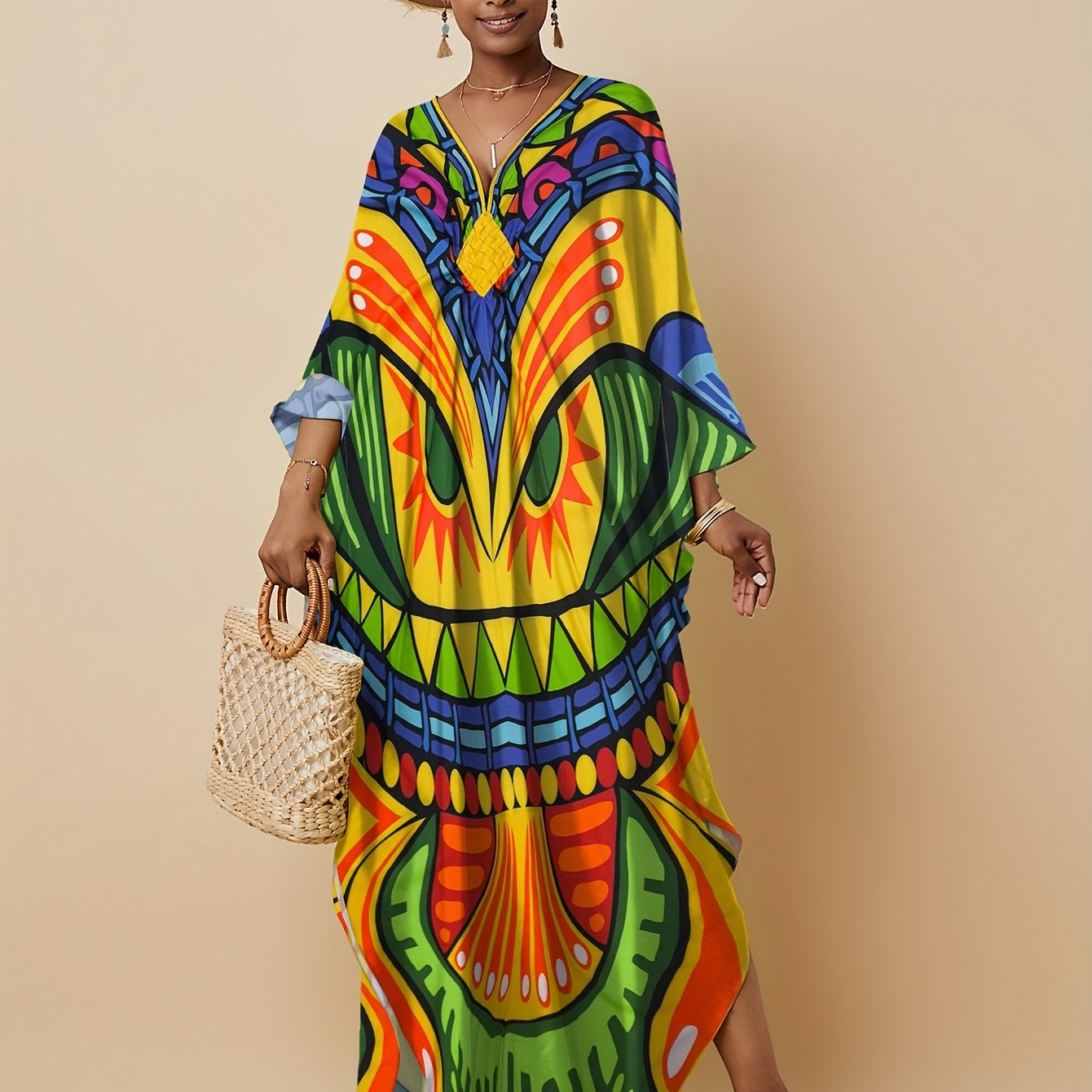 Vibrant Bohemian Kaftan Dress - Four-Sided Elastic V-Neck, Bat Sleeves, Beach Cover-Up