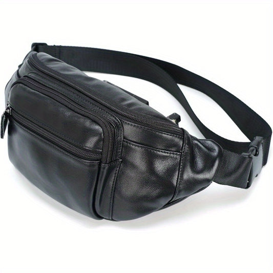 Genuine Napa Leather Cowhide Fanny Pack Belt Bag Organizer - Adjustable Strap up to 48", Multiple Zippered Compartments, Compact 10x5 Inch