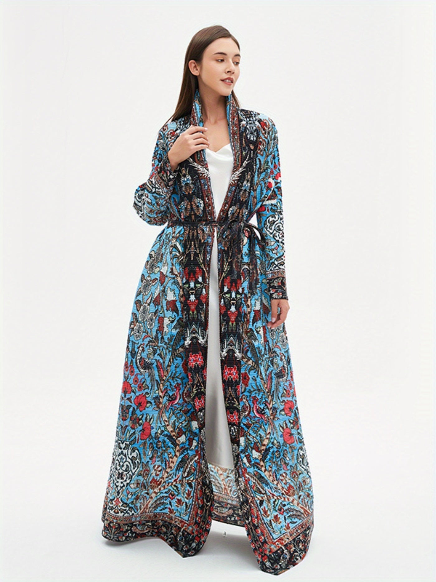 Elegant Middle Eastern-Inspired Geometric Print Abaya Dress with Intricate Embroidery - Lightweight Polyester, High Elasticity, Sun Protection, Perfect for Spring/Summer/Fall