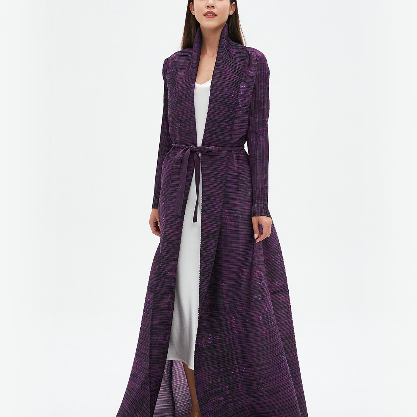 Elegant Long Robe for Eid al-Fitr - Women'S Stylish Geometric Print Maxi Abaya with Tie Waist, Lightweight Polyester, Perfect for Spring, Summer & Fall, Middle Eastern Fashion, Long Sleeve