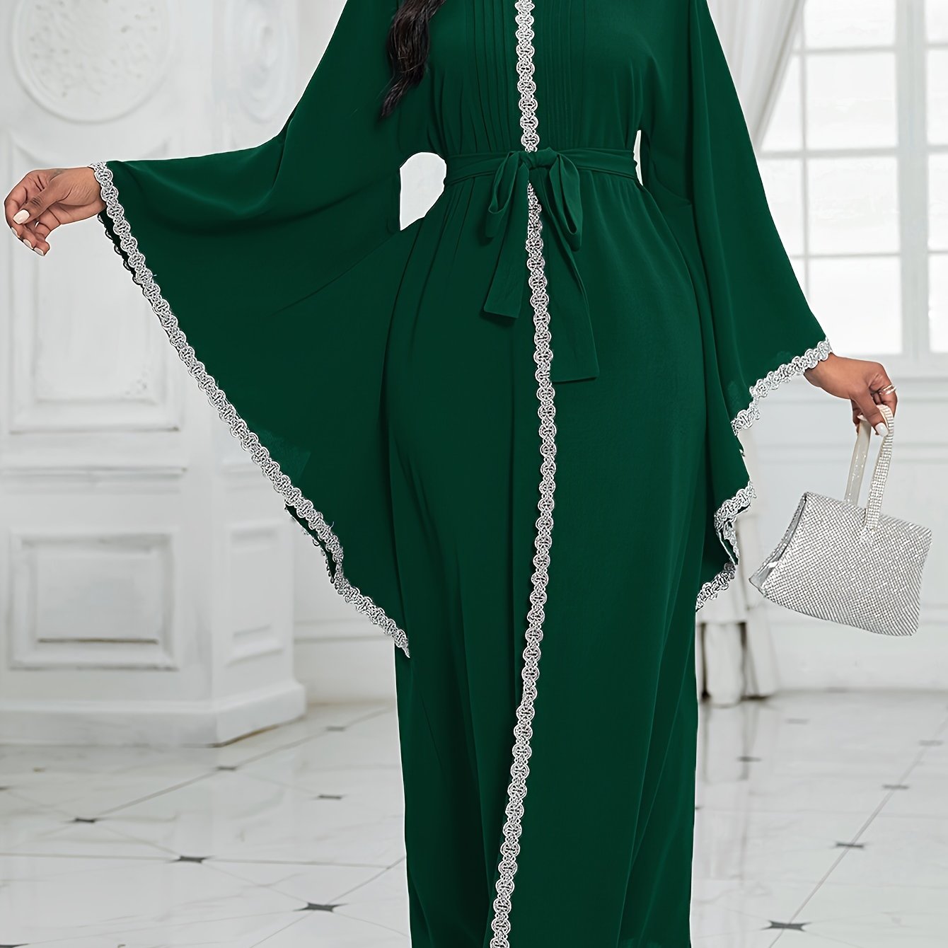 Women's Middle Eastern-Inspired Geometric Print Pakistani Abaya - Long Sleeve Belted Waist Floor-Length Dress with Pockets, Breathable Fabric for Spring/Summer