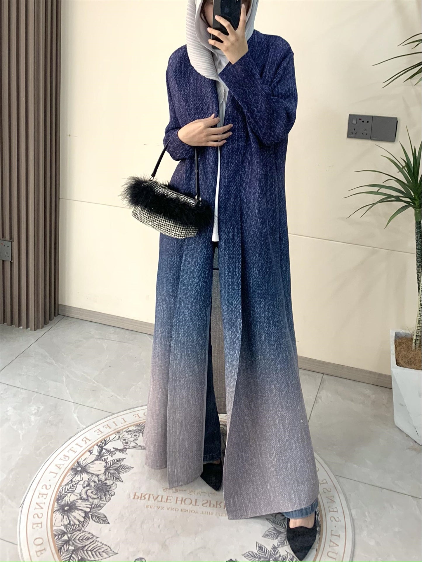 Miyake Women's Arab Noble Style Abaya Robe - High Stretch Pleated Long Sleeve Cloak with Adjustable Waist Belt, Geometric Print Ombre Blue to Grey, Machine Washable Lightweight Luxury for Eid