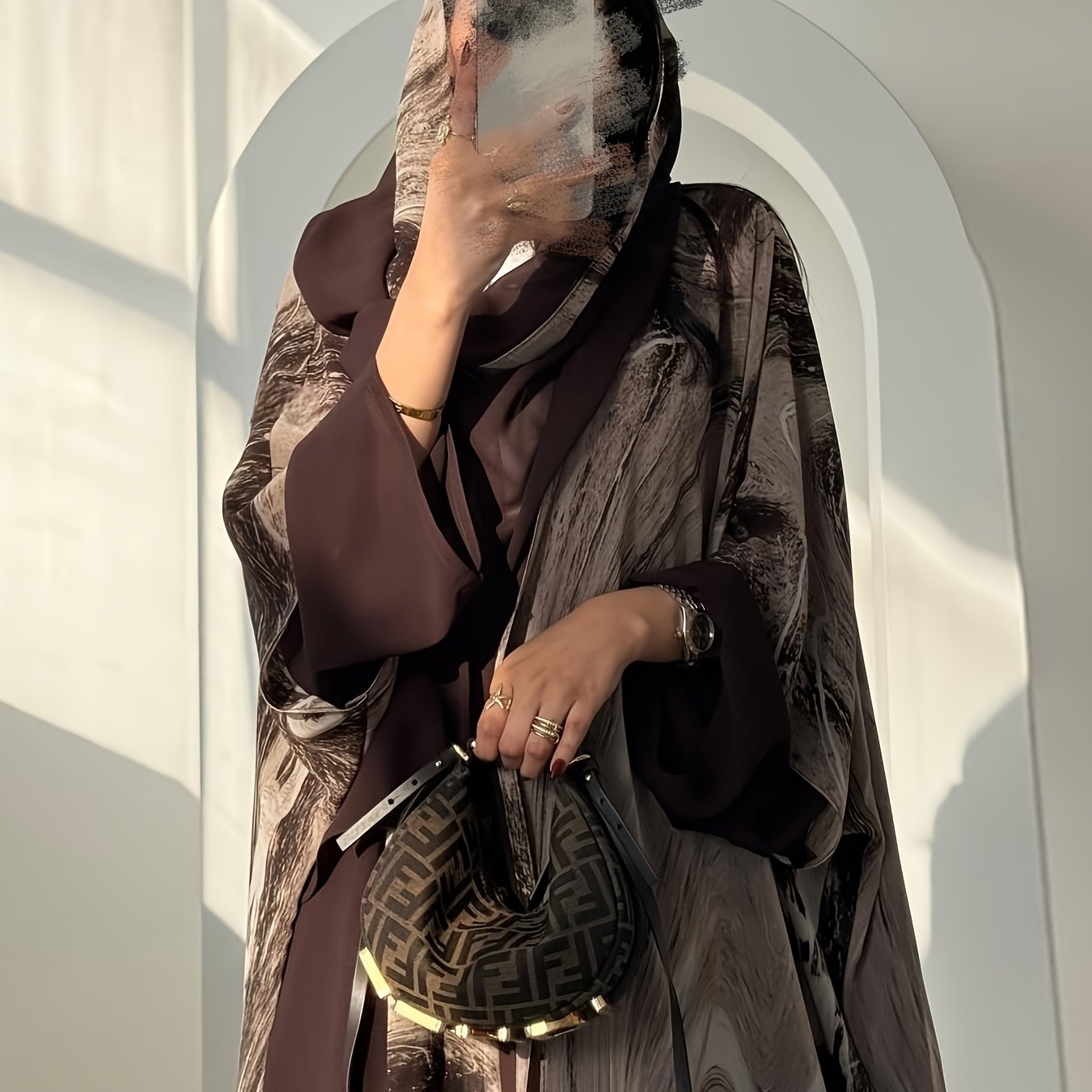 Elegant Brown Floral Print Abaya with Headscarf - Stylish Loose Fit, Long Sleeve, Button-Up Cardigan for Women, Perfect for Casual or Formal Occasions, Casual Wear|Floral Print Abaya