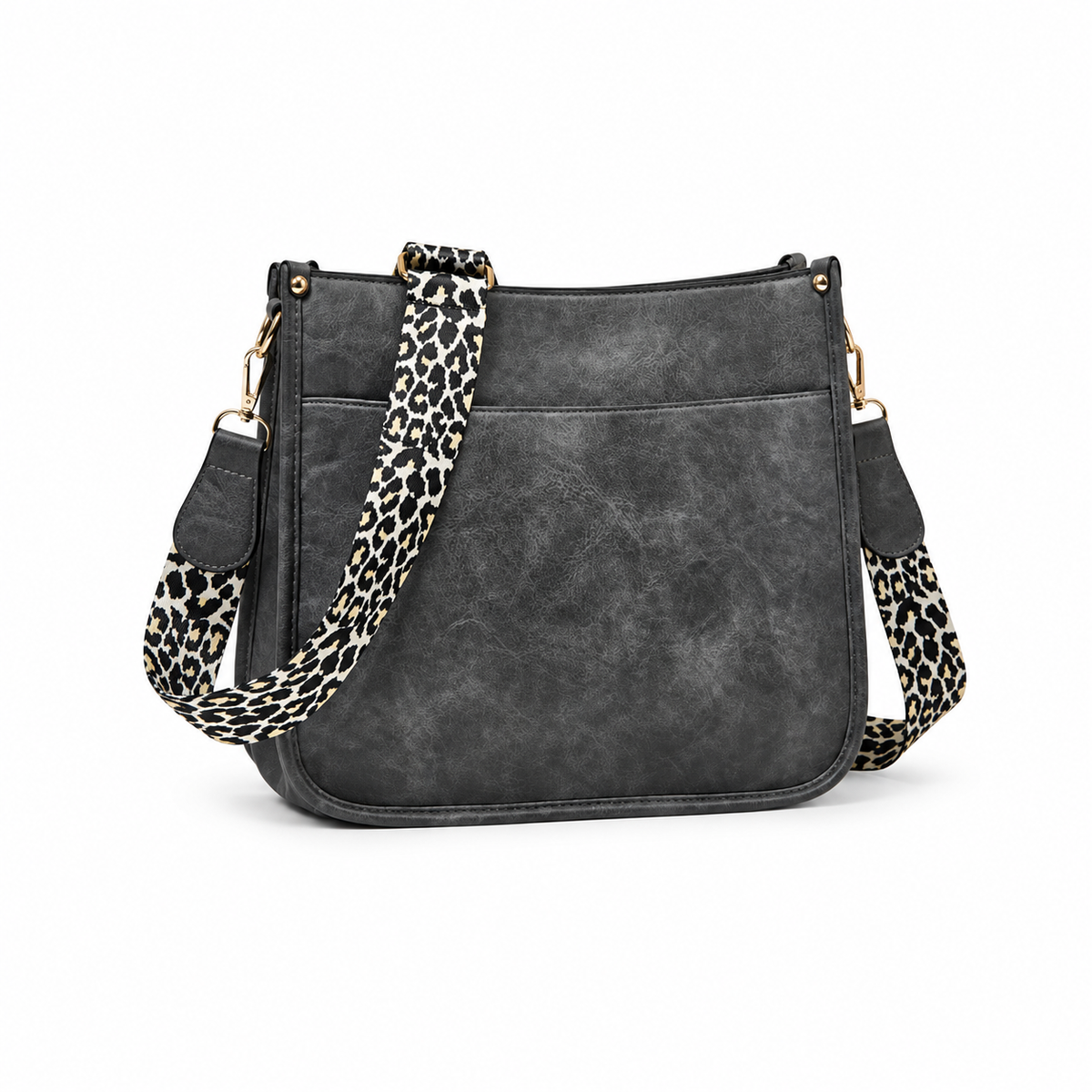 Charcoal Crossbody Bag With Leopard Strap
