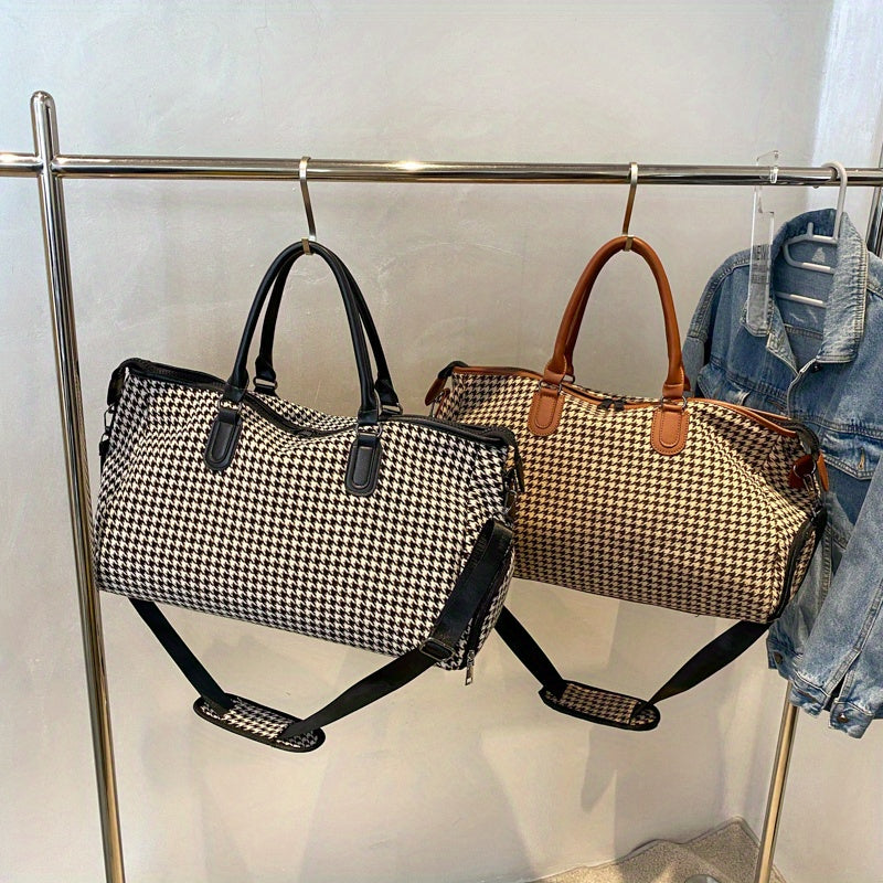 Large Capacity Houndstooth Pattern Sports Bag, Versatile Travel Duffel Luggage Handbag, Trendy Overnight Bag