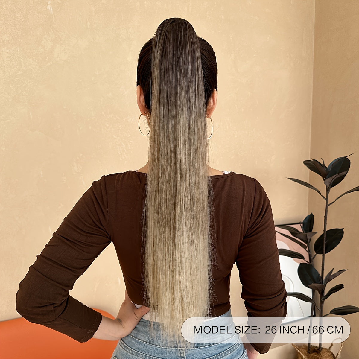 [YUSULAXI Ombre Hair Extension] YUSULAXI 26" Long Straight Heat-Resistant Synthetic Hair Ombre Black to Brown Claw Clip Ponytail Extension - Voluminous Texture for Women's Daily Use