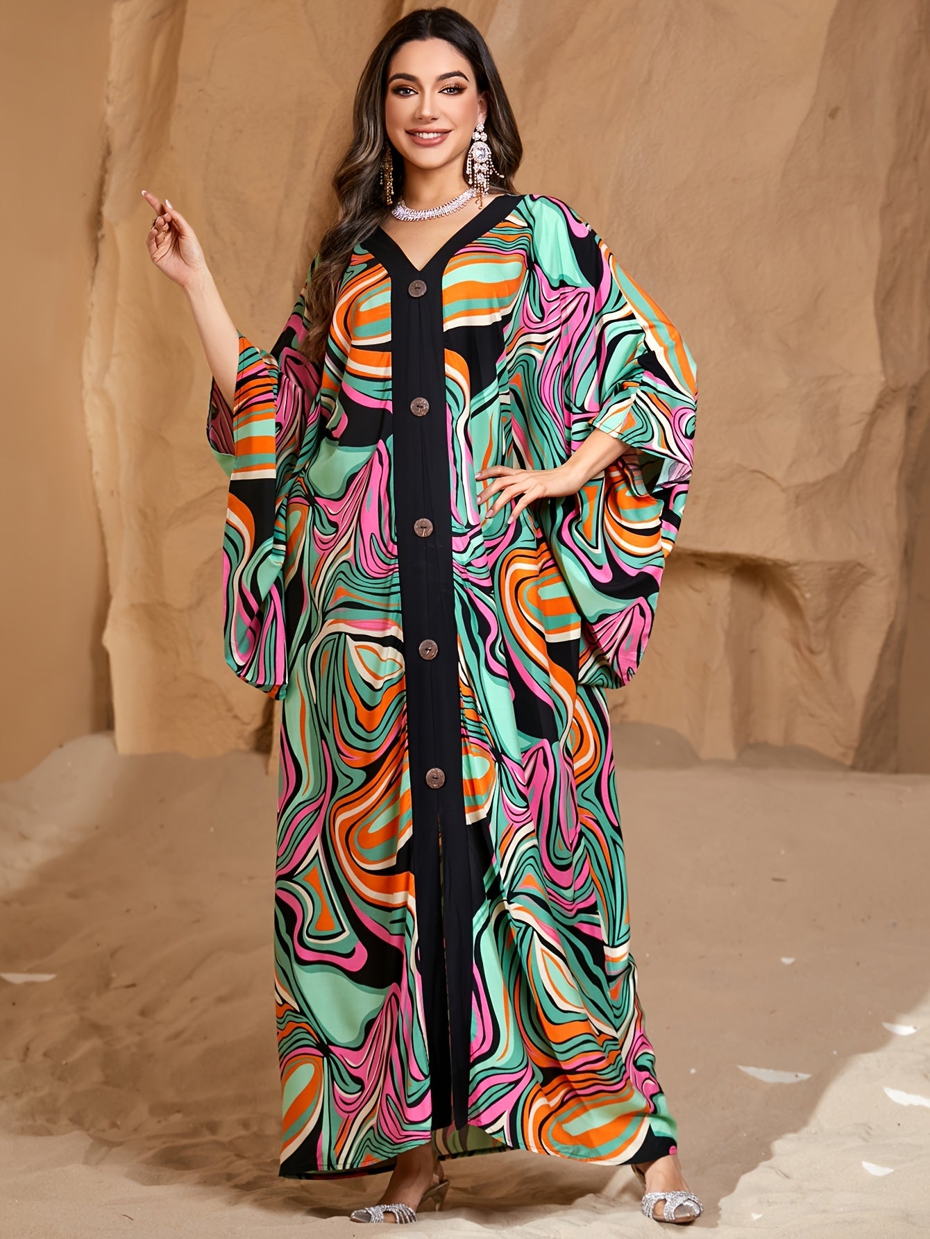 [EDOLYNSA Maxi Dress] EDOLYNSA Elegant Open Front Long Sleeve Maxi Dress | Colorful Striped Print Ethnic Style Middle Eastern Fashion Loose Casual Kaftan Robe Q1827