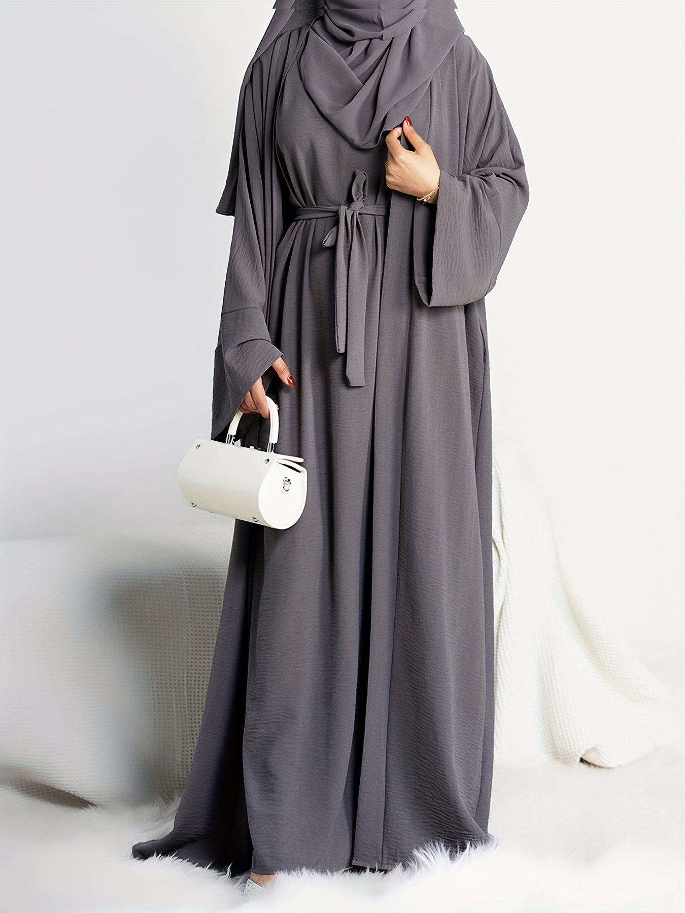 Muslim Lady 2pcs Arabic Abaya Set Eid Abaya Inner+open Abaya With Pocket