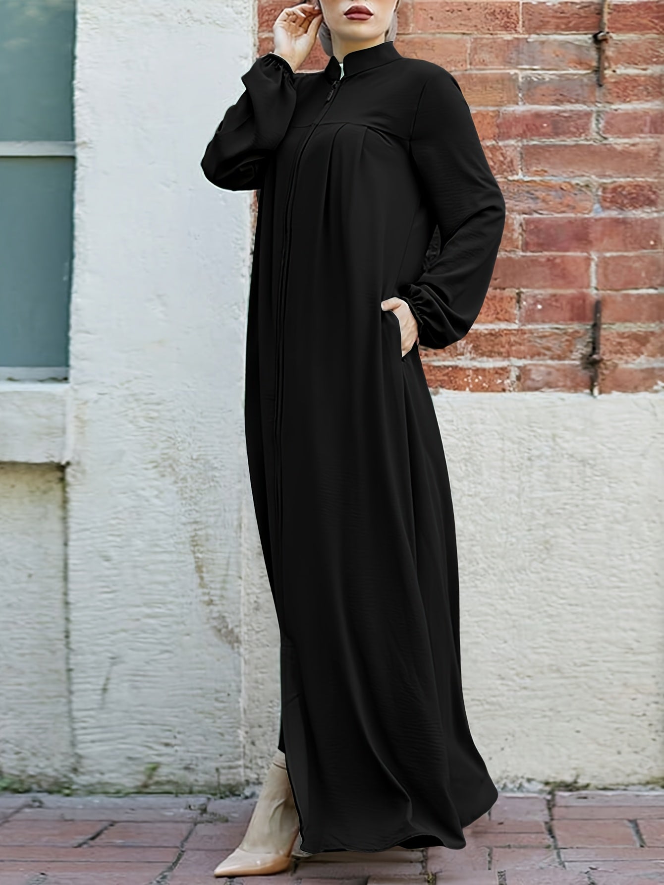 Elegant Black Long Sleeve Palestinian Abaya Dress with Zipper Pockets - Casual Loose Fit, Collared Neckline, Traditional Middle Eastern Style, Comfortable Women'S Dress|Casual Elegance|Pocketed Dress