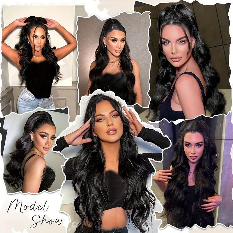 Long Curly Wavy Hair Piece Synthetic Pony Tail Extensions For Women Highlight Balayage