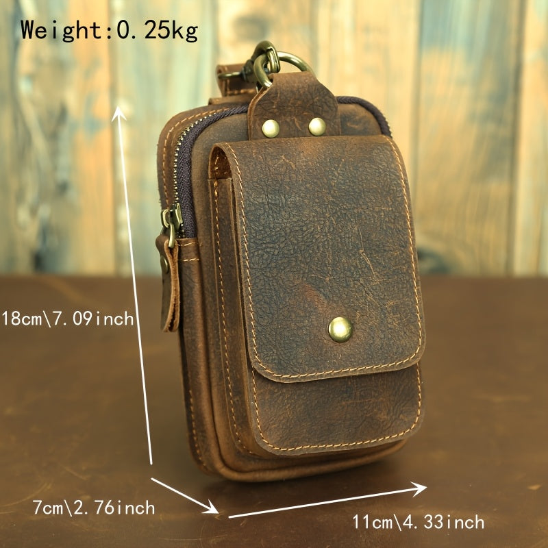Men's Vintage Crazy Horse Top-Grain Vintage Leather Waist Bag, Casual Style, Multi-Functional Fanny Pack for Daily Commute, No Print, Durable Belt Hanging Pouch for Mobile Phone