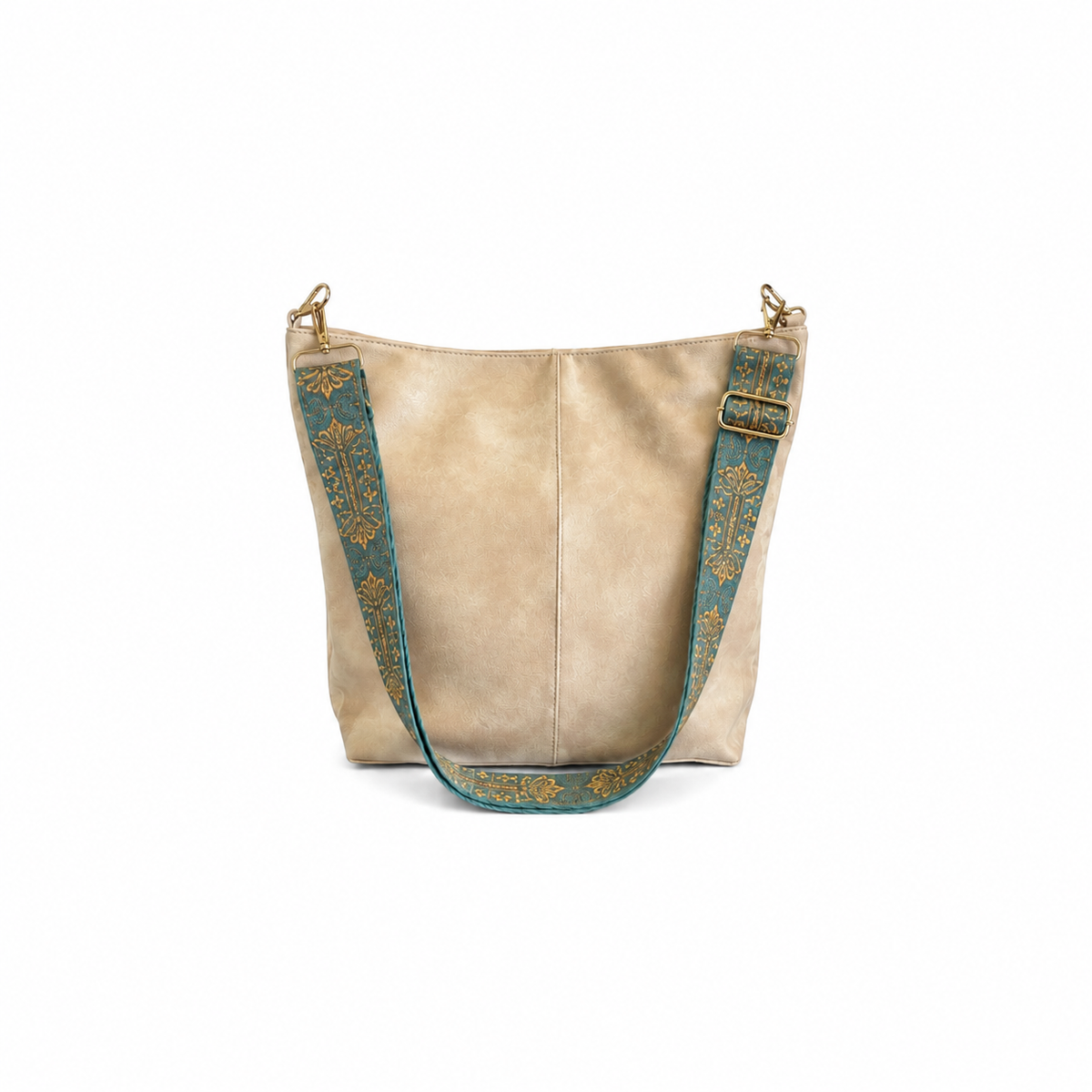 Beige Boho Shoulder Bag with Embroidered Strap
