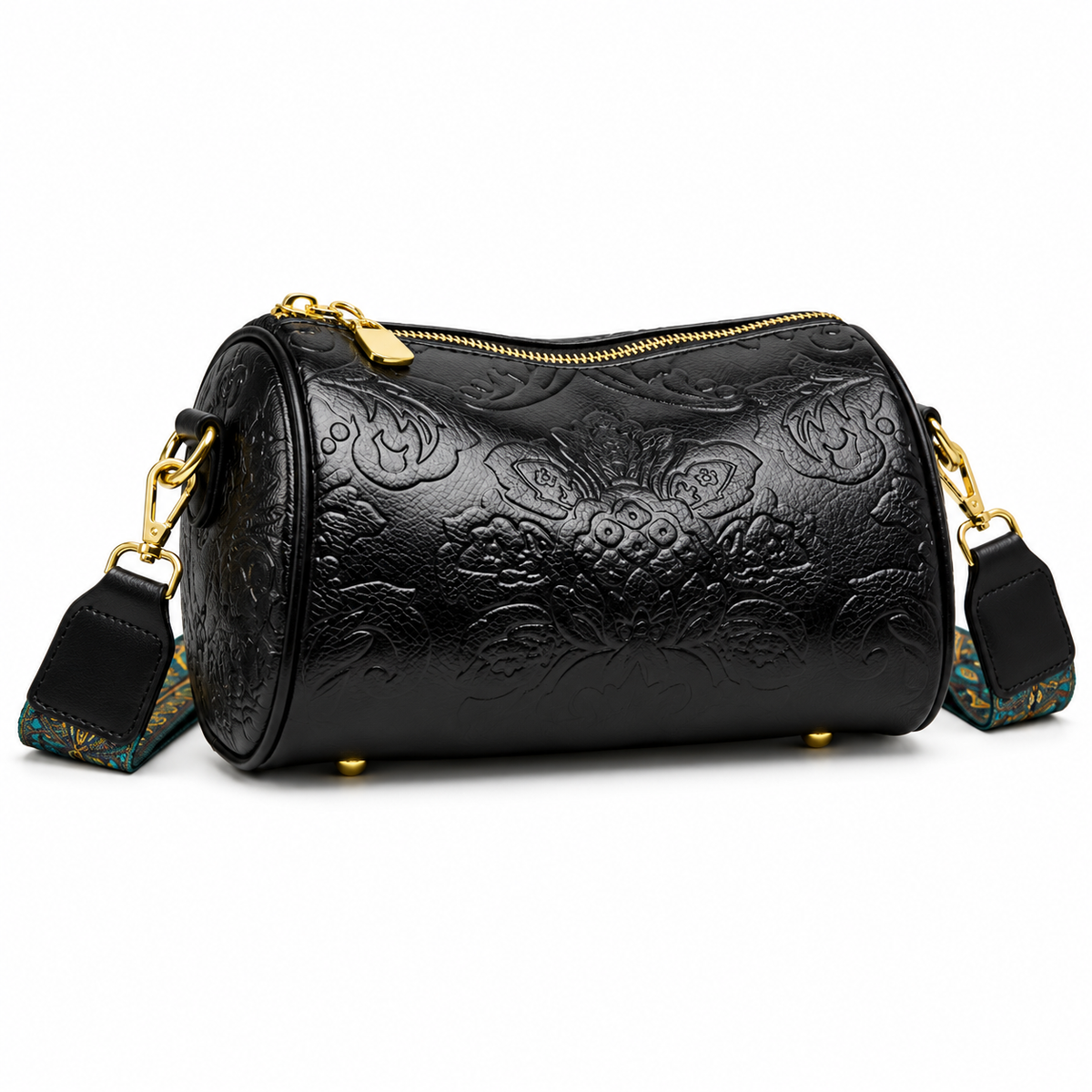 Black Floral Embossed Barrel Vintage Crossbody Bag
