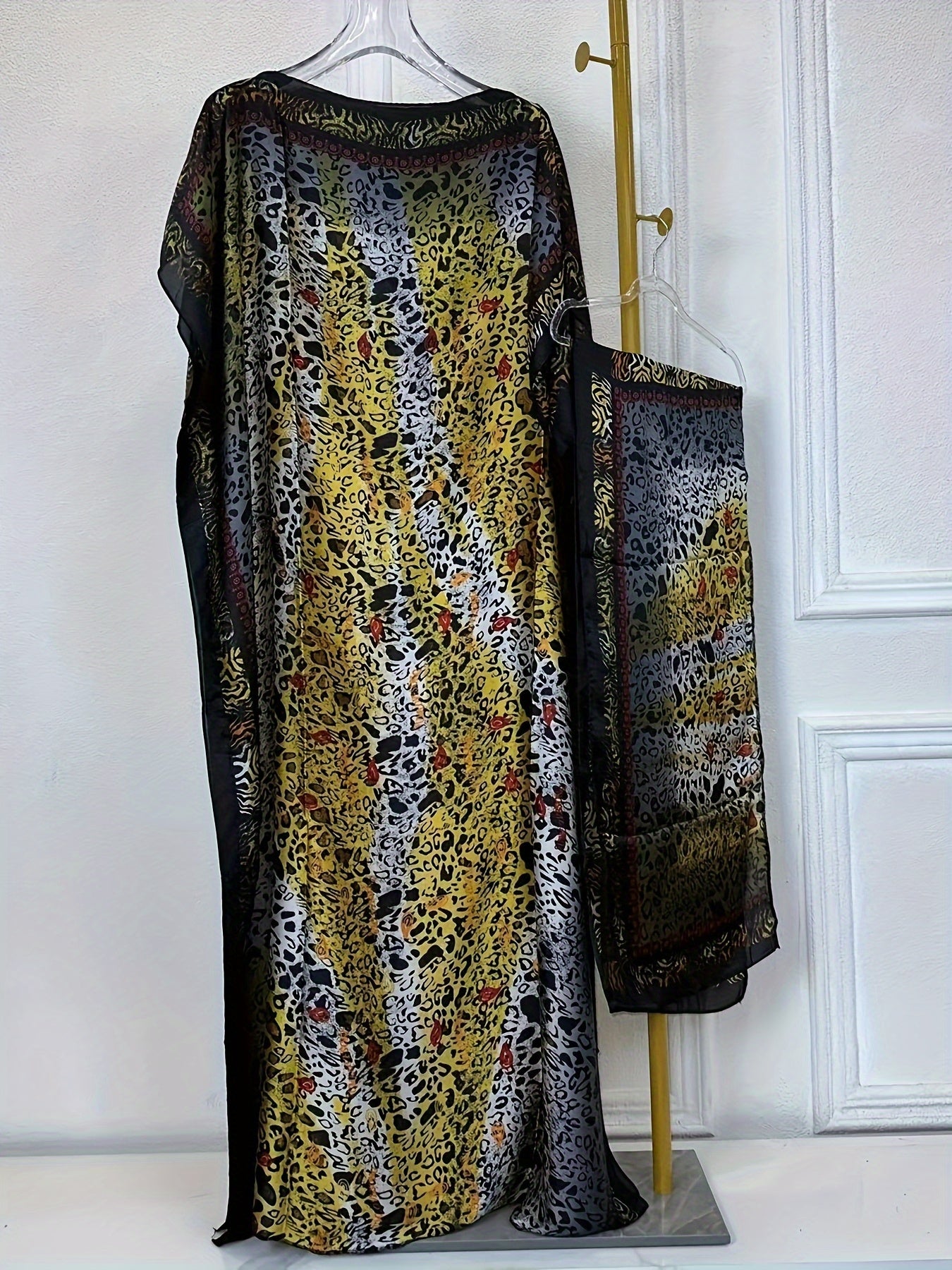 Women's Middle Eastern Style Color-Block Batwing Sleeve Long Cover-Up Abaya Dress with Scarf - Loose Fit H-Shaped All-Season Lightweight Beach Pool Party Dress