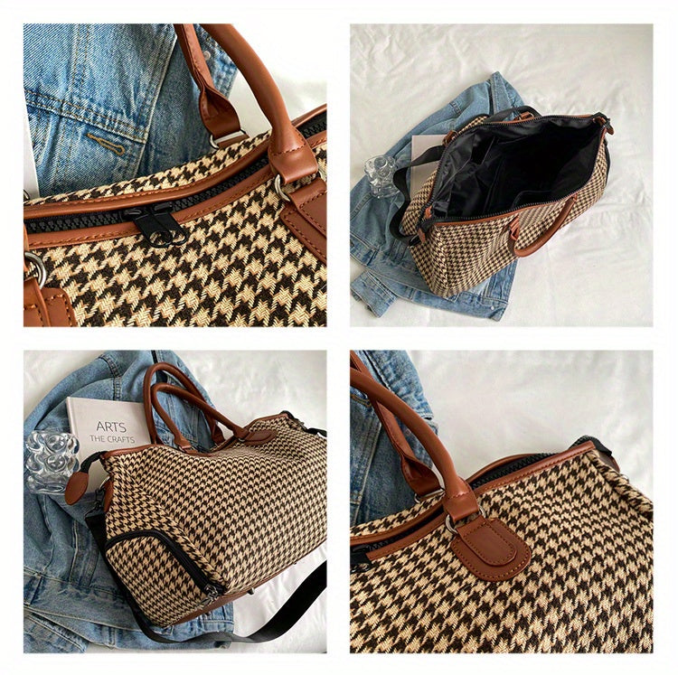 Large Capacity Houndstooth Pattern Sports Bag, Versatile Travel Duffel Luggage Handbag, Trendy Overnight Bag