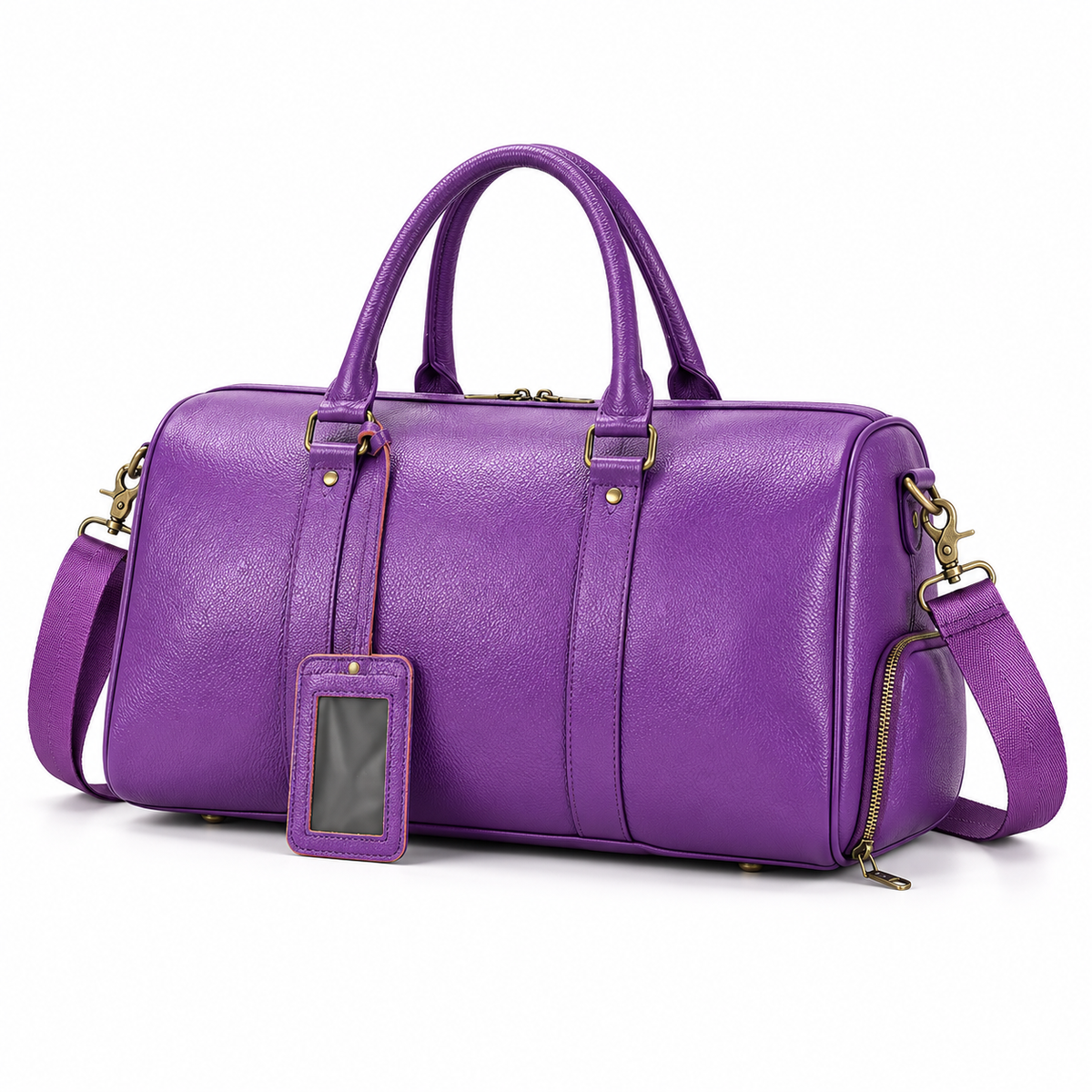 Purple Leather Duffel Bag With Strap