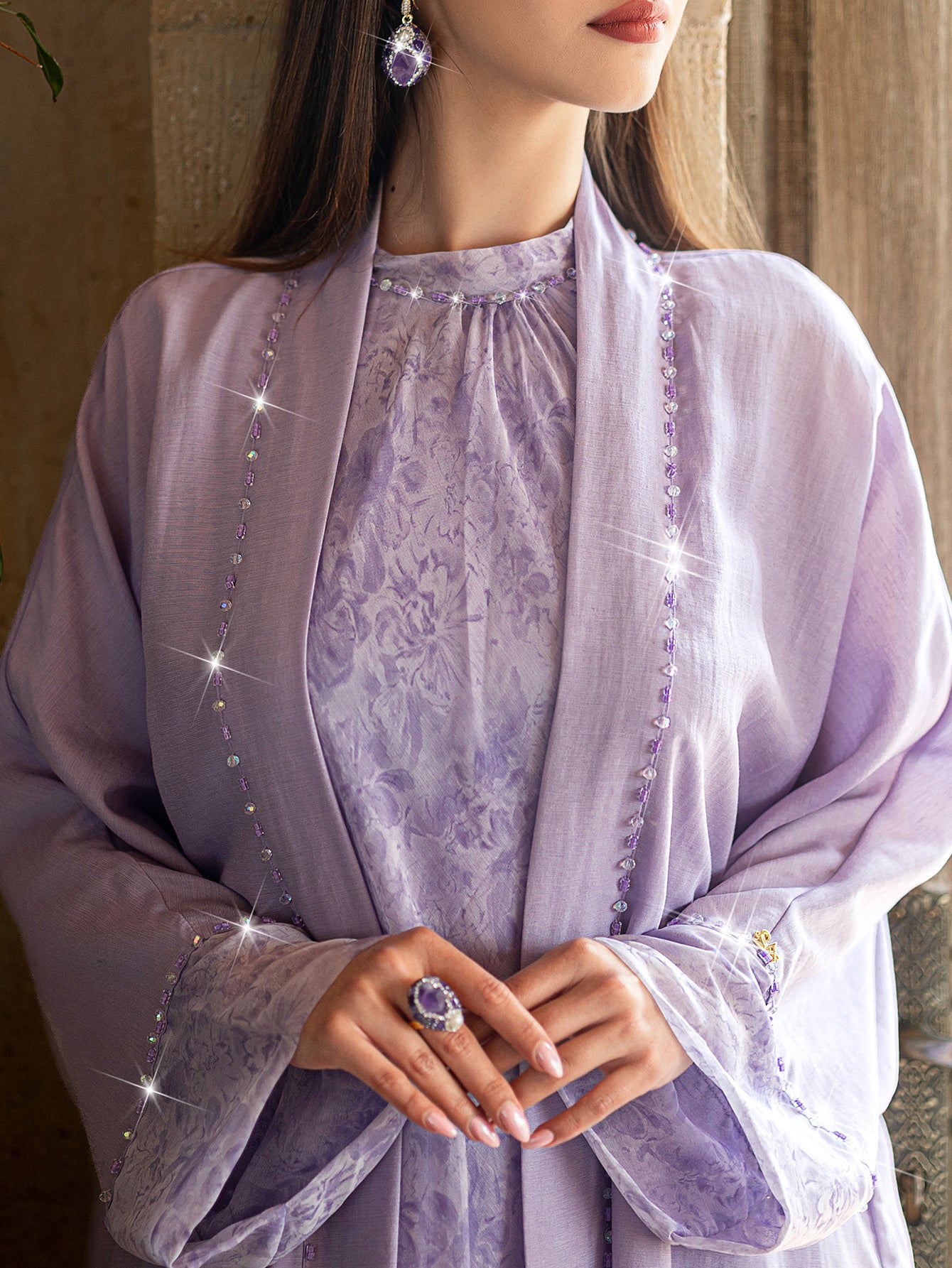 1pc Outerwear, Modern Lavender Abaya with Sparkling Rhinestone Embellishments – Lightweight and Elegant Design (Inner Wear Not Included)