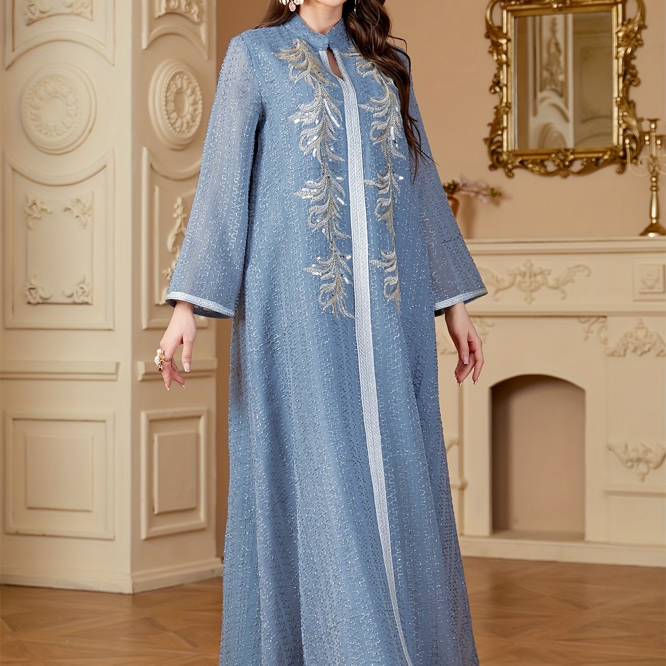 Ramadan Dubai Sequins Long Dress for Muslim Women - Elegant Modern Abaya with Bright Line Decoration, 100% Polyester, Long Sleeve & Belted Waist,
