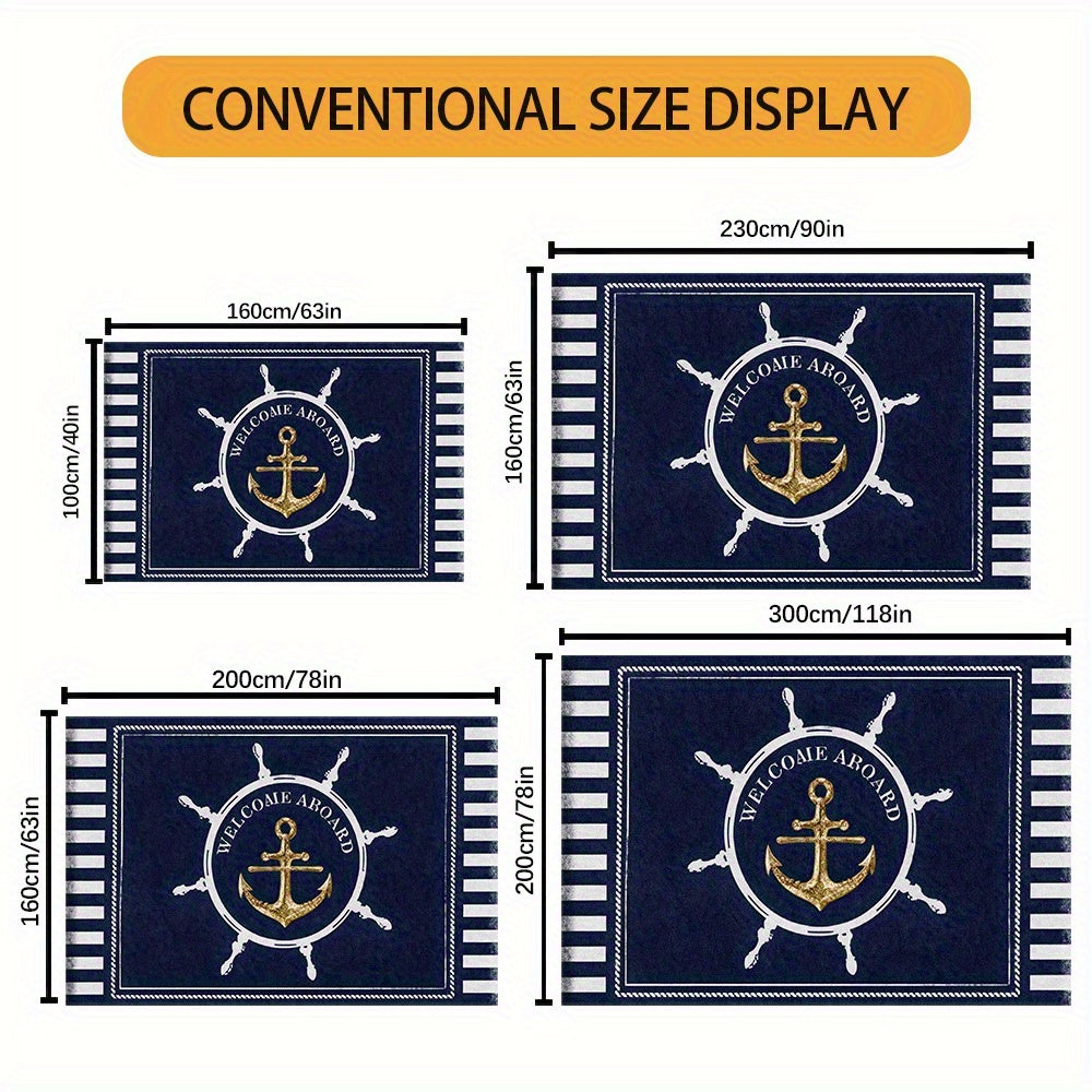 Floor Mat, Machine Washable Nautical Style Fade-Resistant Soft Dark Blue with Golden Anchor Pattern, Suitable for Living Room Bedroom Office Home Decoration, Large Size.Inch Thanksgiving Gift Autumn