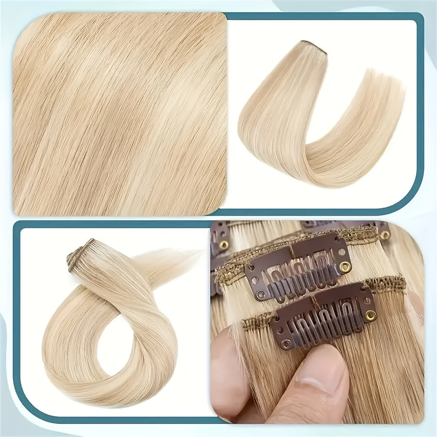 8pcs Clip In Hair Extensions 100% Real Human Hair P8/613 Color Brown Highlight Blonde For Women Daily Use Real Easy Wear