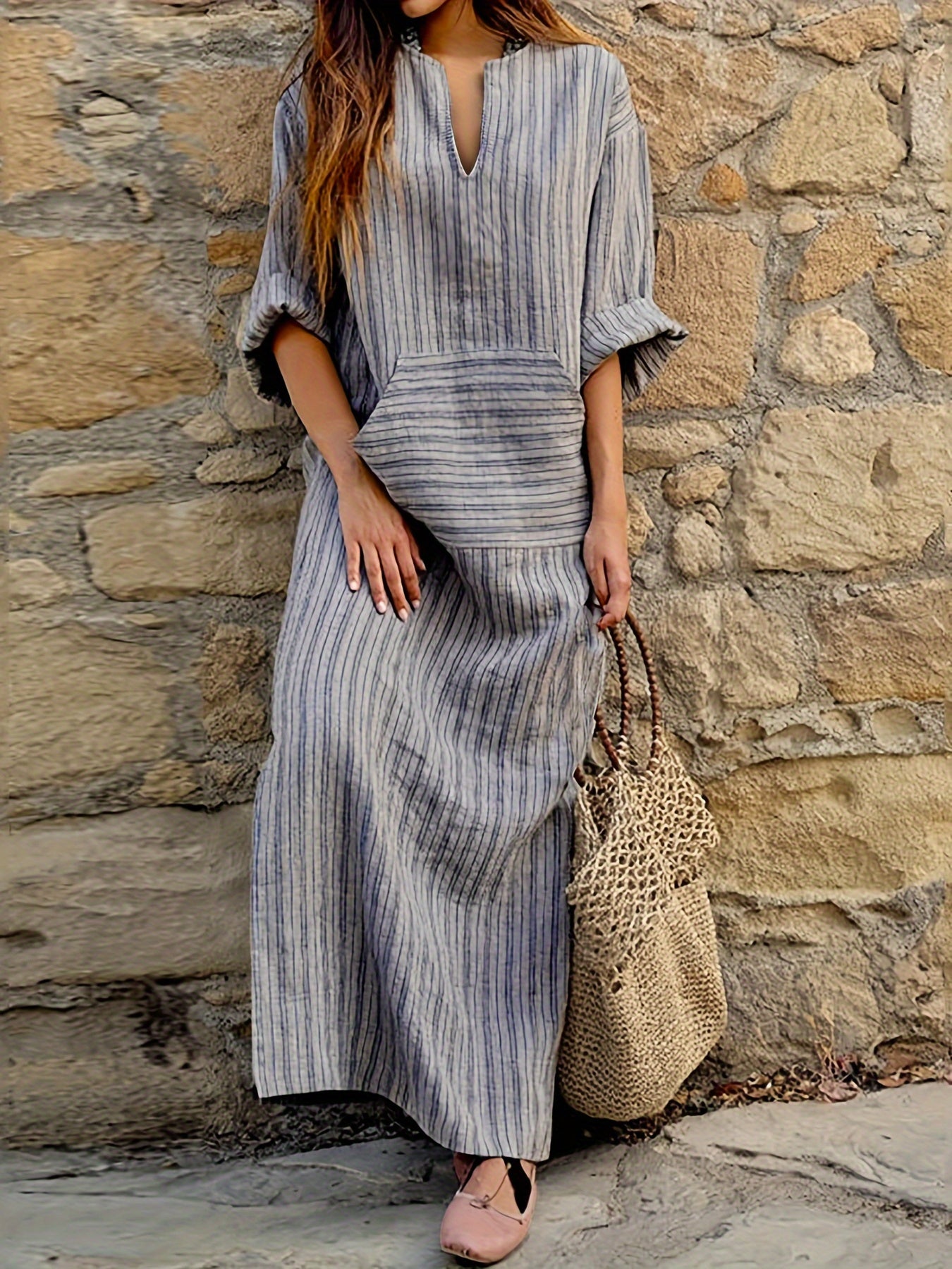 Women's Loose Dresses Striped V Neck Caftans 3/4 Sleeve Casual Loose Maxi Beach Dress with Pockets
