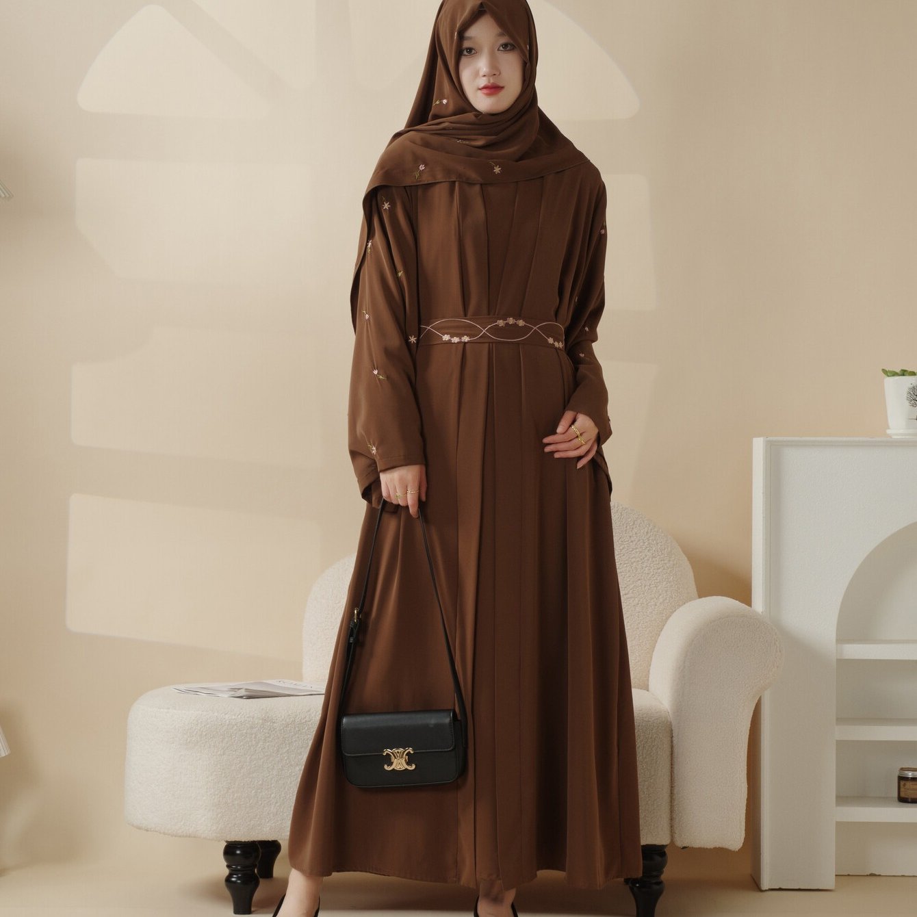 Tulip Embroidery Open Abaya 4pcs set: Includes open abaya, inner dress, matching belt, and hijab