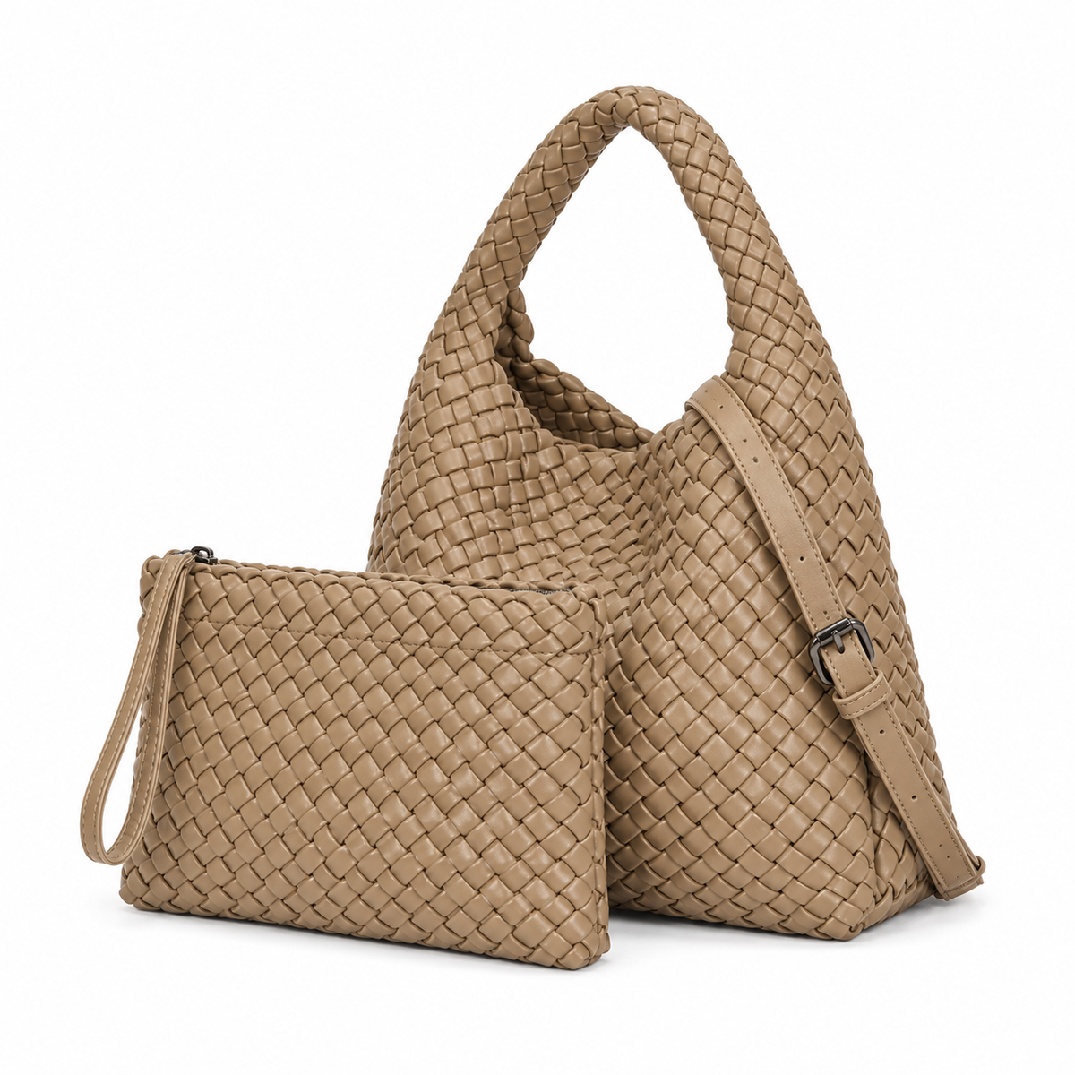 Khaki Woven Hobo Bag With Pouch