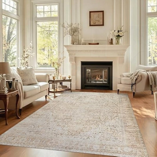 Boho Neutral Living Room Rug, Vintage Rustic Earth Tone Modern Farmhouse Style Easy to Clean Stain Resistant Area Rugs for Bedroom Dining Room Light Tan Brown and Beige