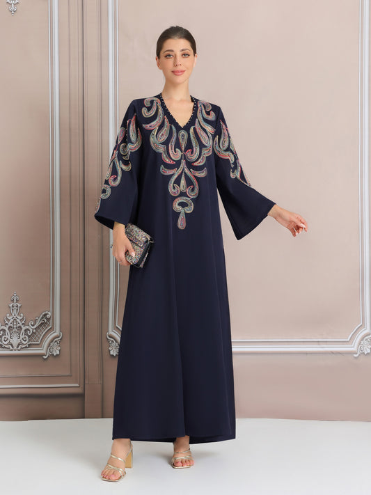 Women's Elegant Embroidered Kaftan Abaya, Long Sleeve Polyester 100% Regular Fit, Solid Color with Pearl Details, All Season Versatile Dress, No Belt, Woven Fabric